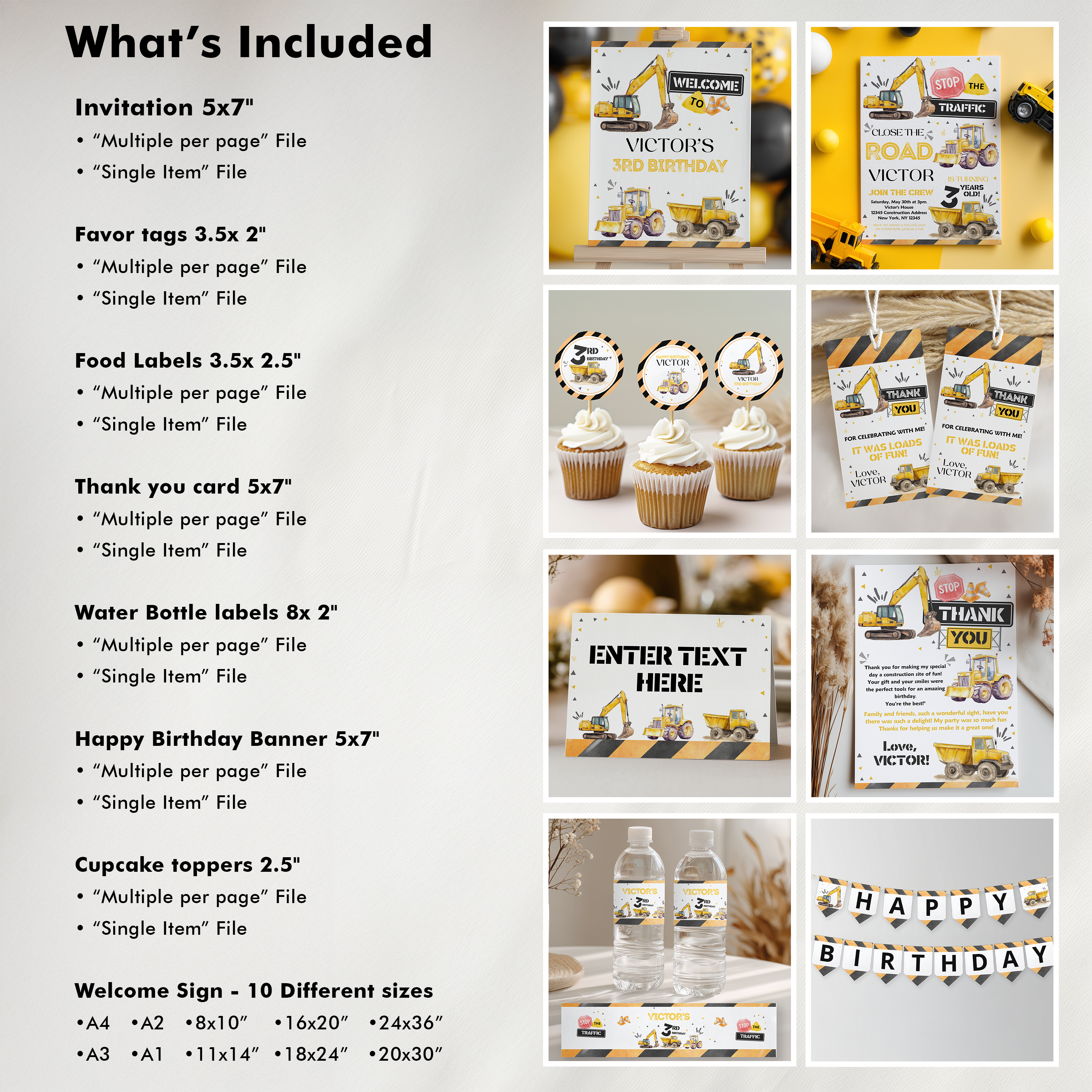 Editable Construction Party Decorations, Dump Truck Package Birthday, Boy Bundle Template Digital Download 9152