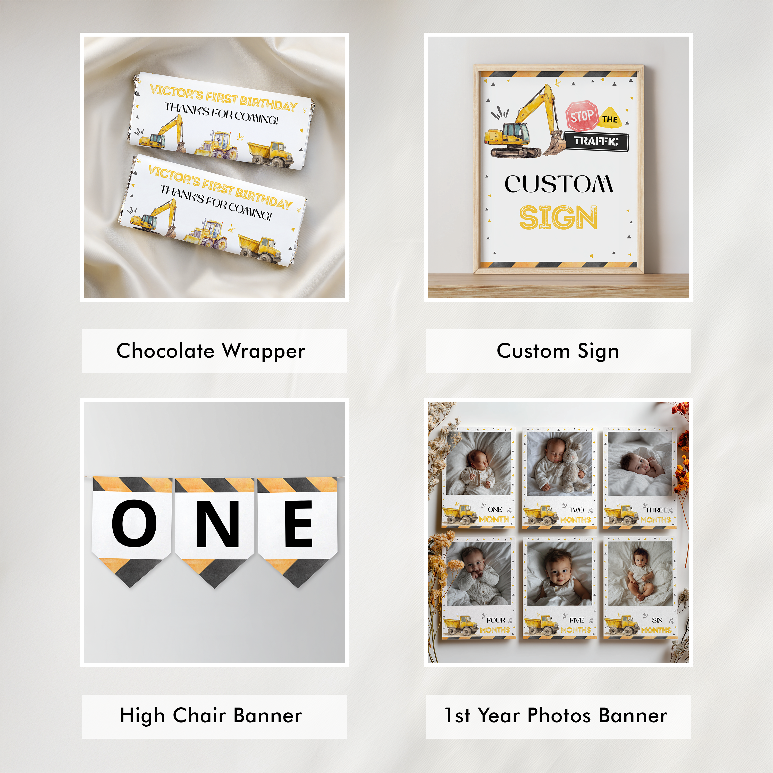 Construction First Birthday Bundle, 1st Birthday Set, Construction Birthday Decorations, Yellow Tractors Birthday Invitation Bundle 9164