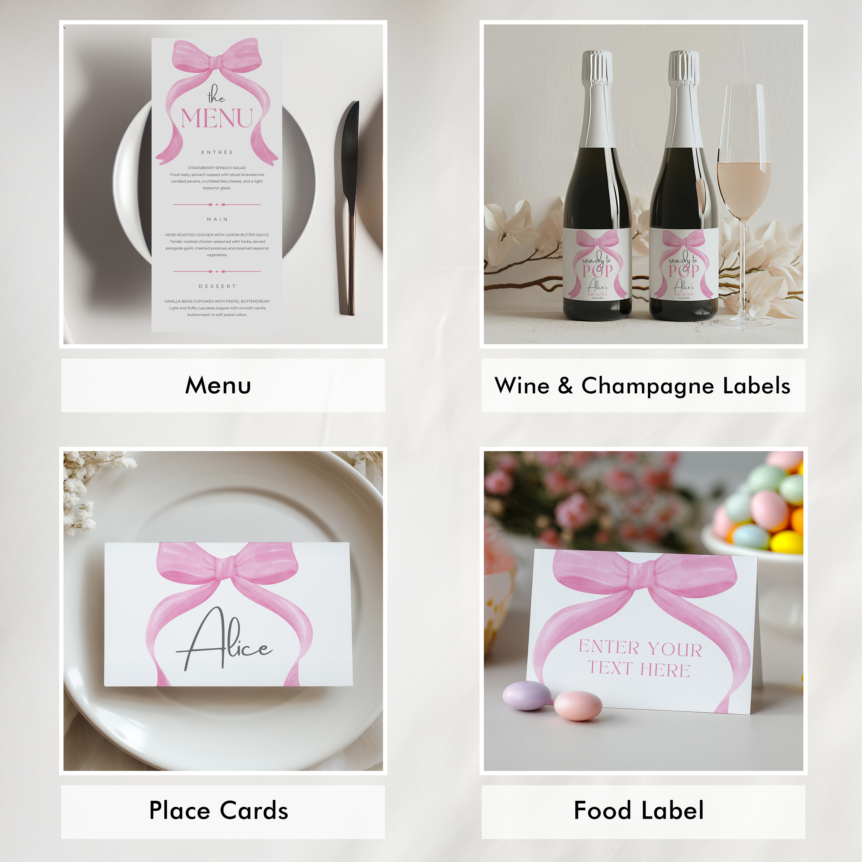 Pink Bow Baby Shower Bundle, Invitation Games, Coquette Baby Girl, Party Set Decoration 9303
