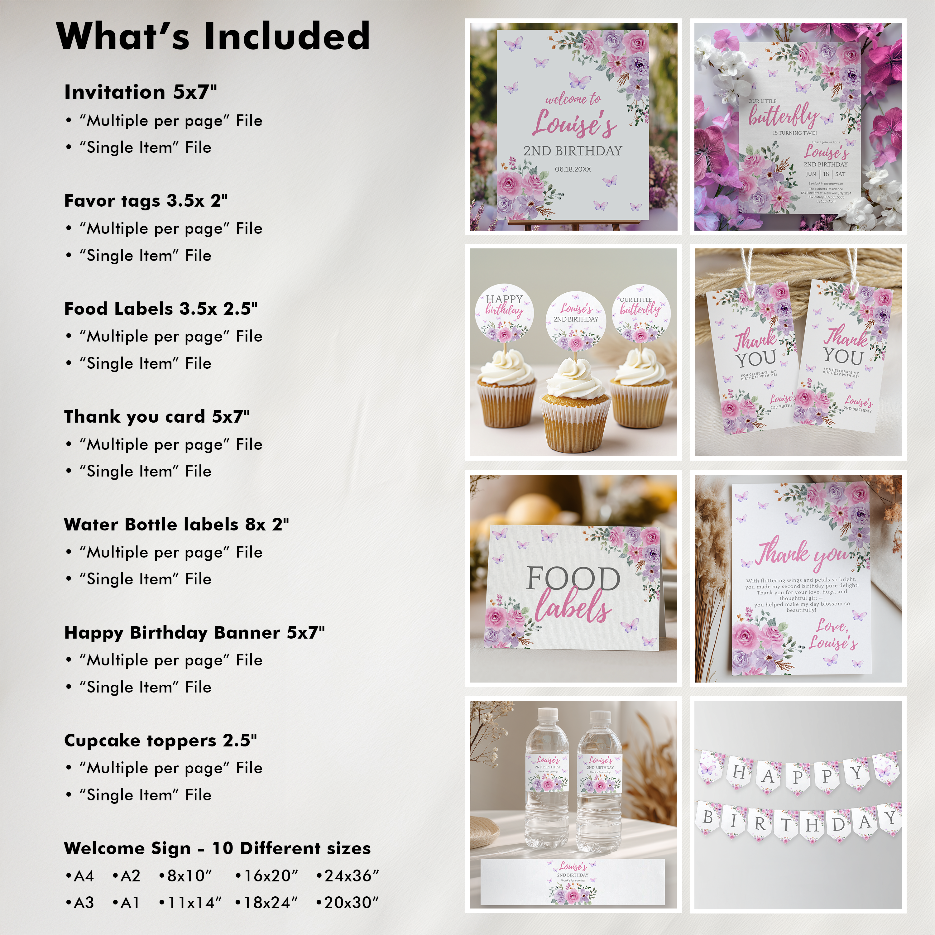 Purple Flowers Birthday Party Decorations | Wildflowers Butterfly Printable Party Bundle 9195