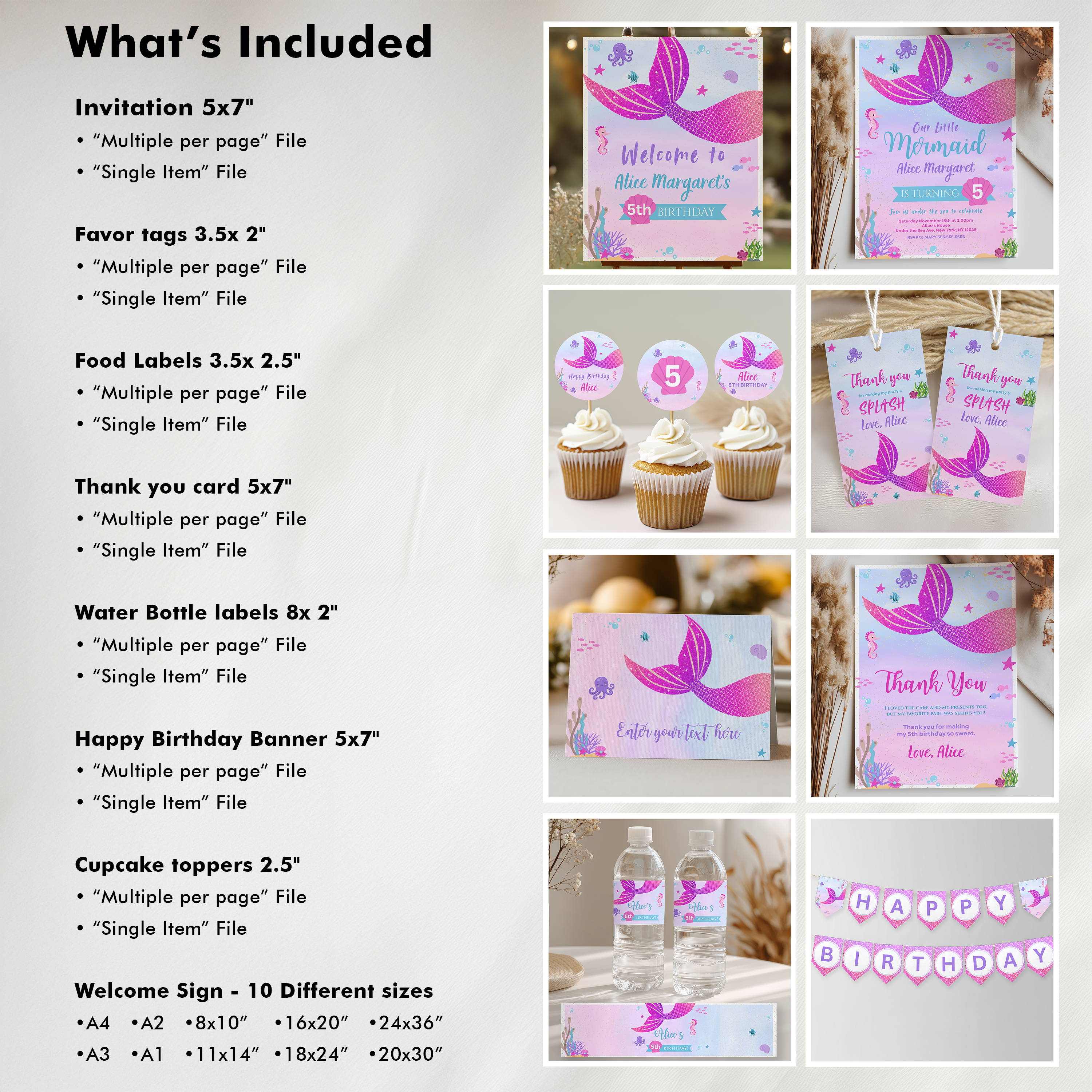 Editable Mermaid Birthday Party Decorations | Mermaid Birthday Invitation | Mermaid Party Bundle | Instant Download 9167