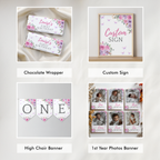 Butterfly Birthday Package Decorations, Purple Flowers 1st Party Bundle, Printable Party Set 9194
