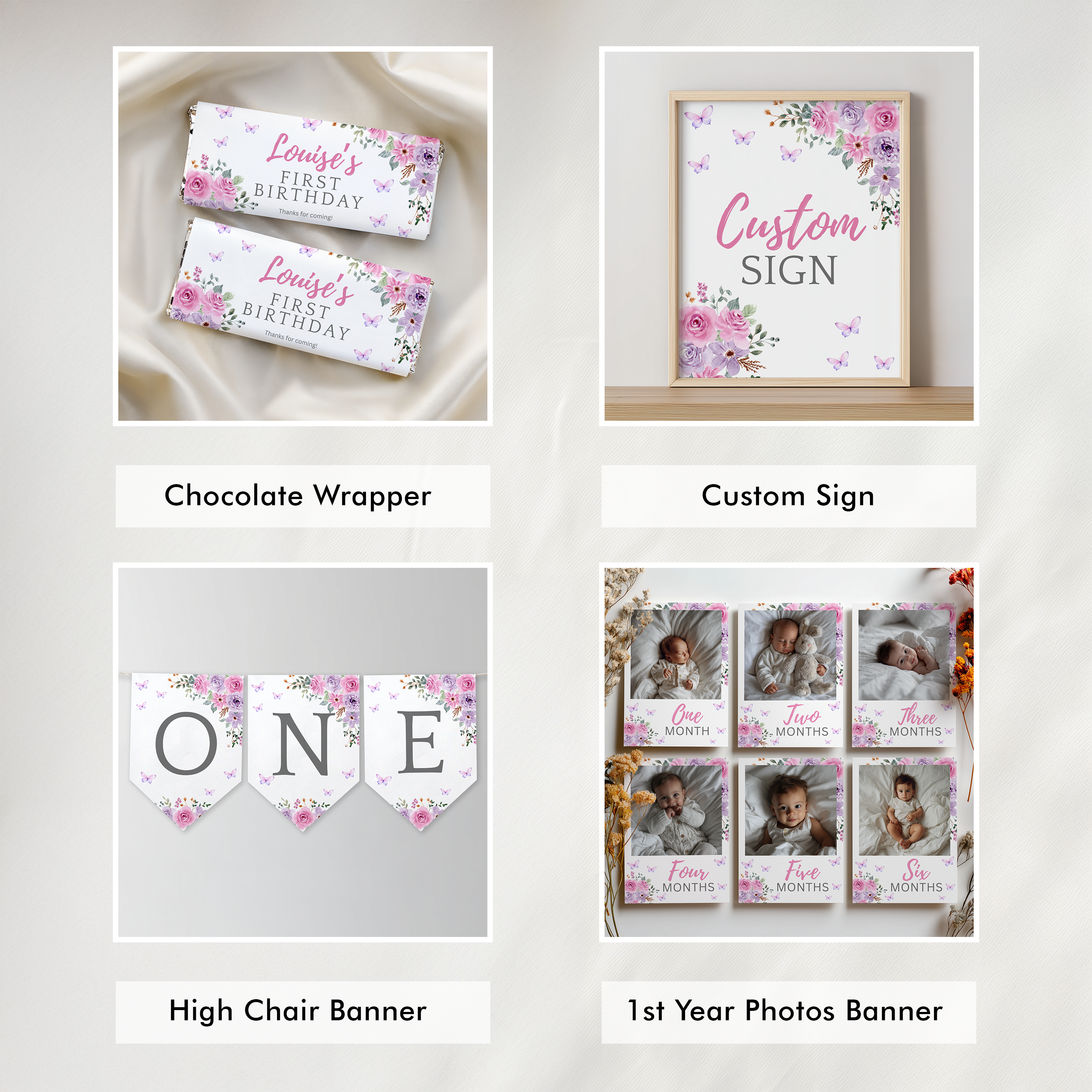 Butterfly Birthday Package Decorations, Purple Flowers 1st Party Bundle, Printable Party Set 9194
