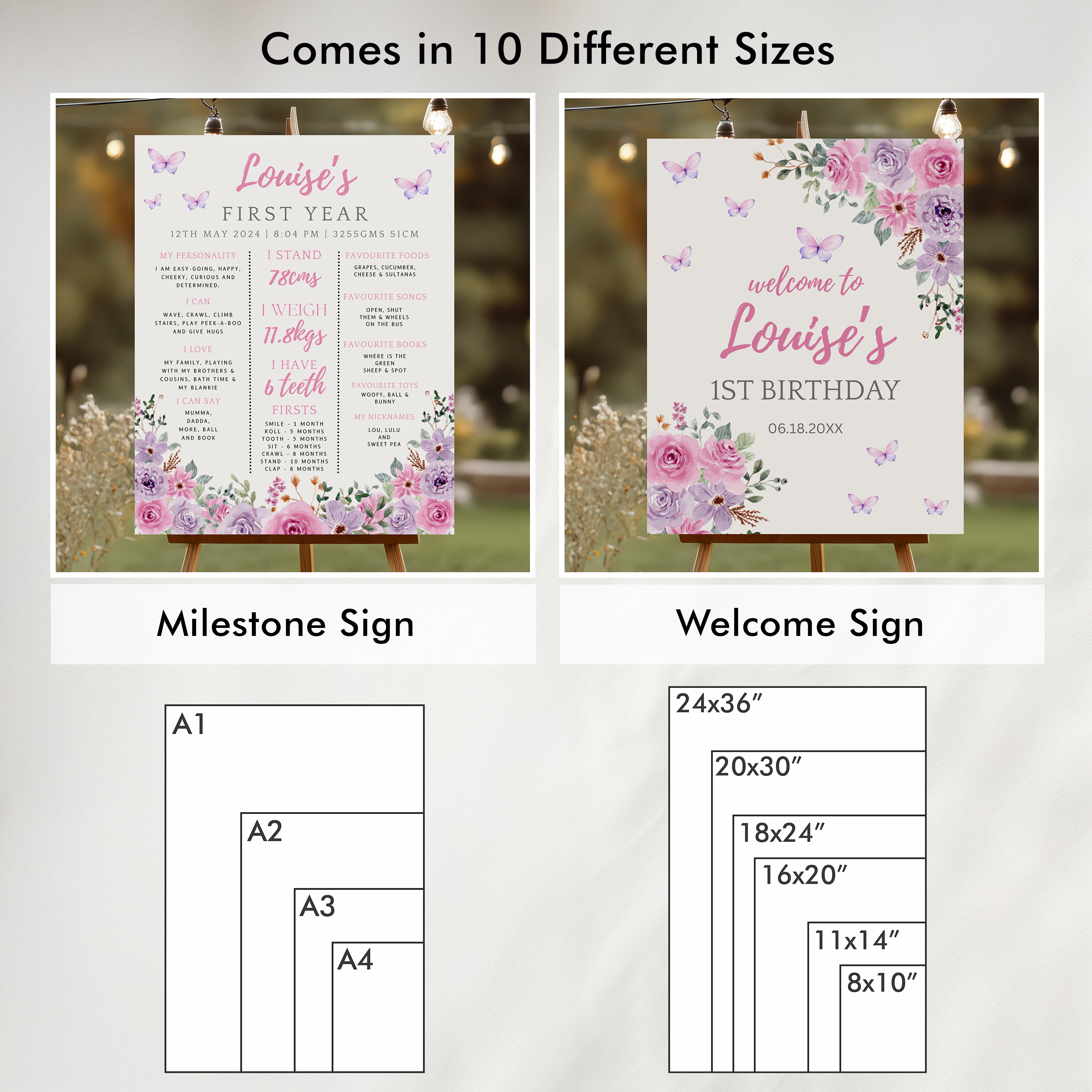 Butterfly Birthday Package Decorations, Purple Flowers 1st Party Bundle, Printable Party Set 9194