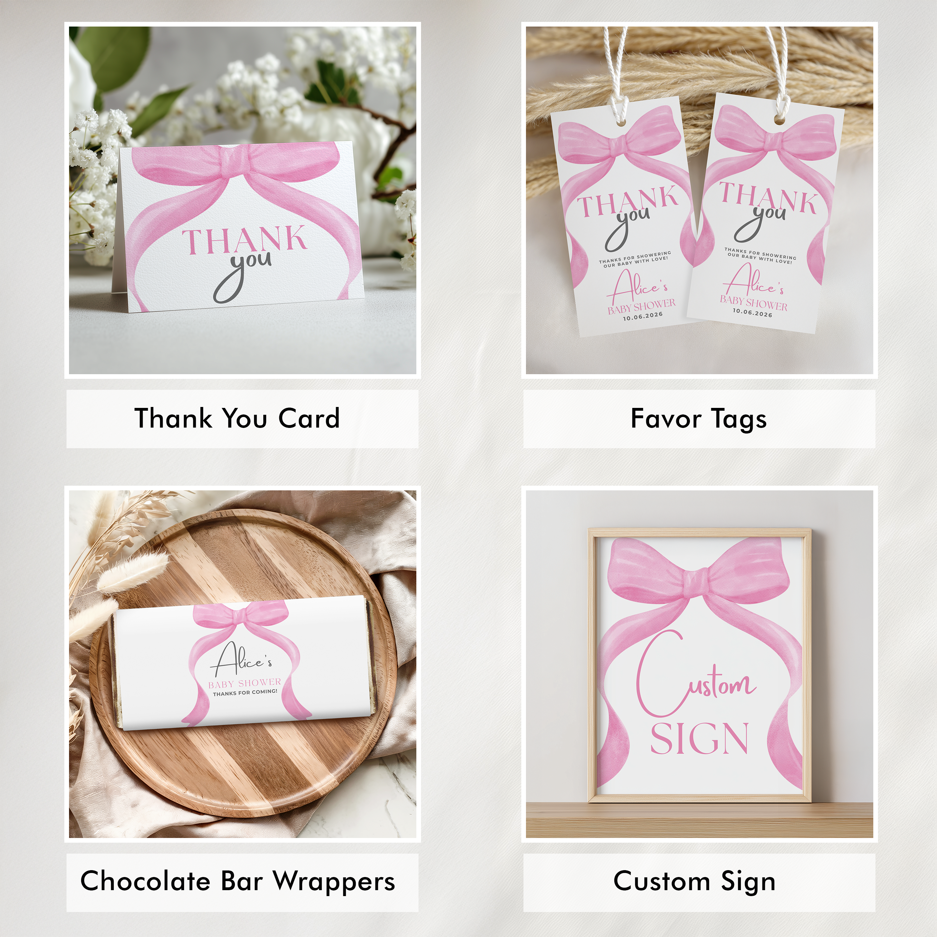 Pink Bow Baby Shower Bundle, Invitation Games, Coquette Baby Girl, Party Set Decoration 9303