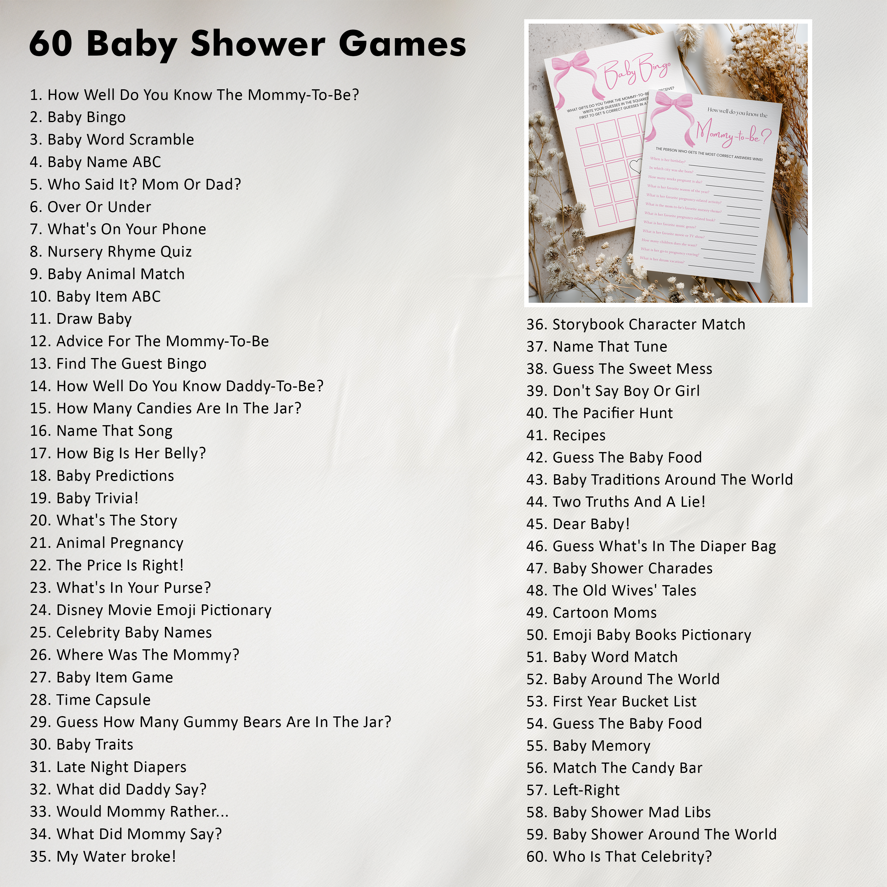 Pink Bow Baby Shower Bundle, Invitation Games, Coquette Baby Girl, Party Set Decoration 9303