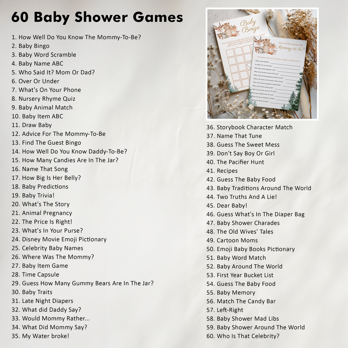 Woodland Baby Shower Bundle, Invitation Games, Party Set Decoration