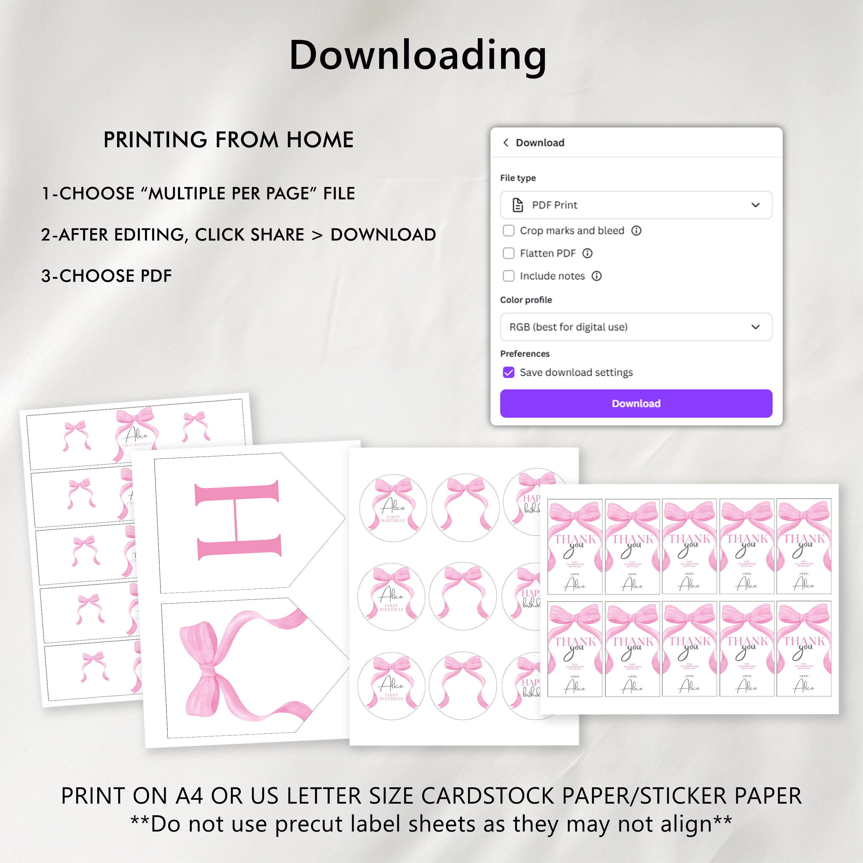 Pink Bow 1st Birthday Decorations, Pink Bow Party Package Birthday, First Birthday Pink Bundle Party , Template Download 9156