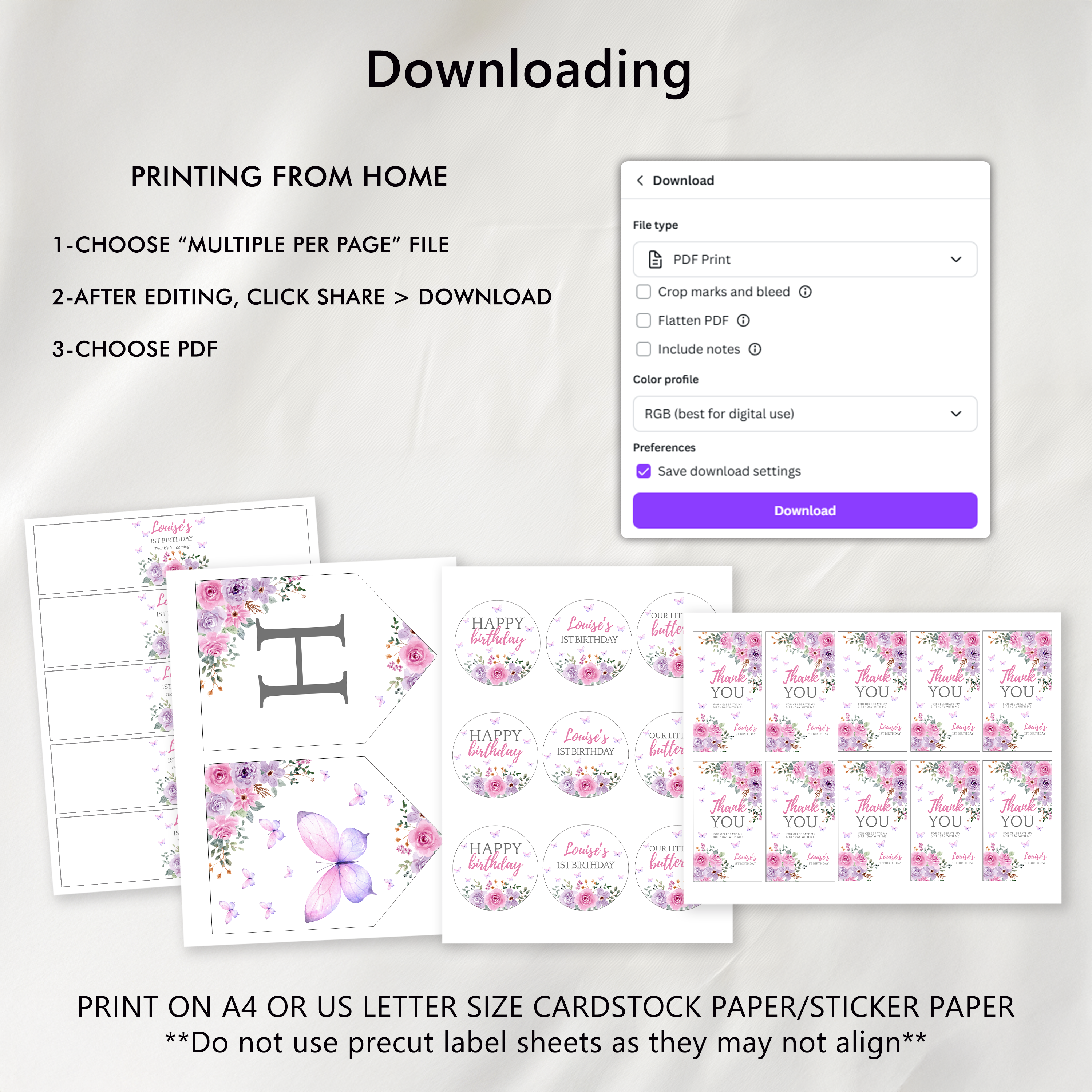 Butterfly Birthday Package Decorations, Purple Flowers 1st Party Bundle, Printable Party Set 9194