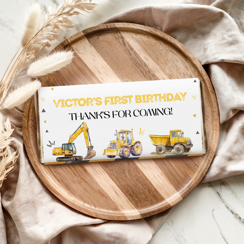 1st Birthday Construction Chocolate Wrappers, First Birthday Party Candy Bar Wrapper, Yellow Tractors Chocolate Wrappers 9164