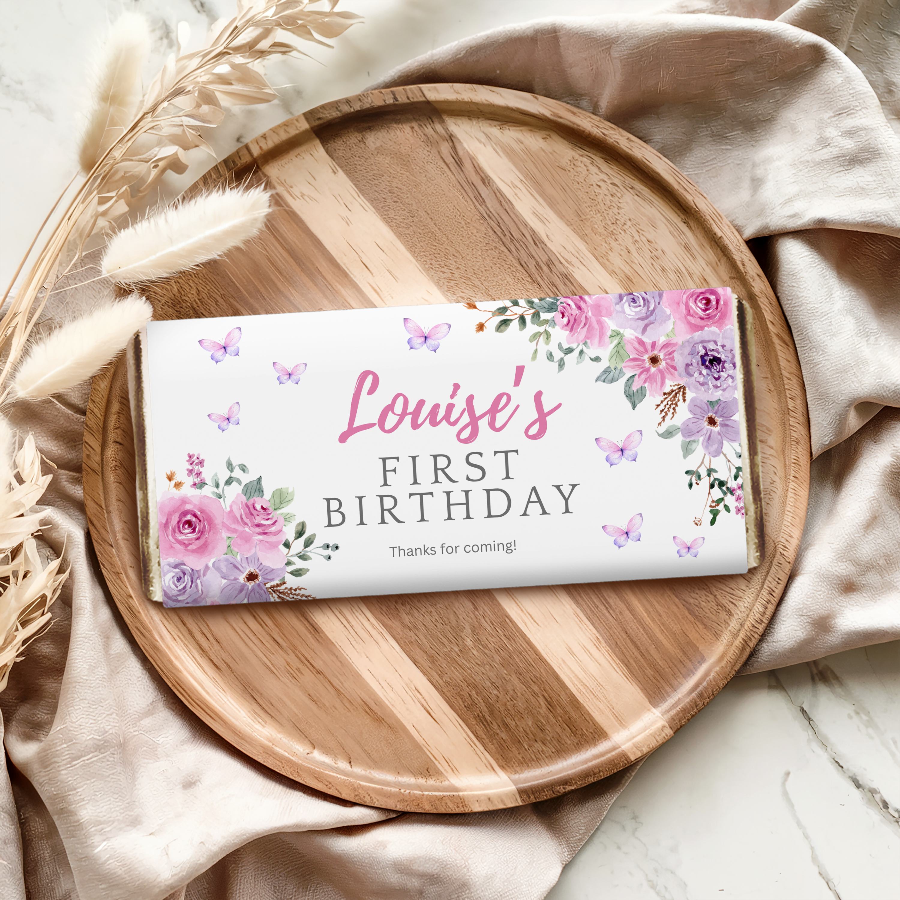 Butterfly 1st Birthday Chocolate Wrappers, Purple Flowers Candy Bar Label 9194