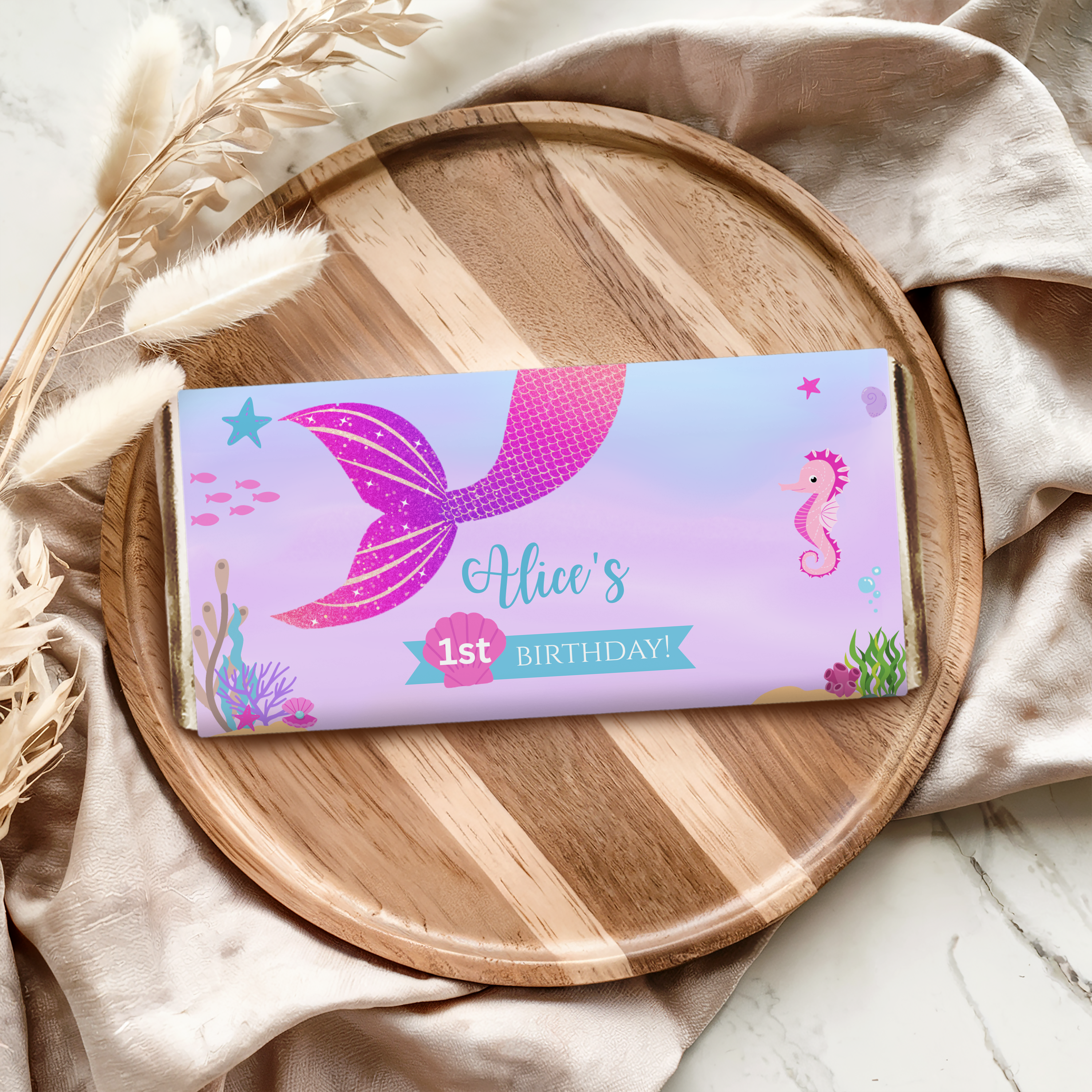 1st Birthday Mermaid Chocolate Wrappers, First Birthday Mermaid Candy Bar Wrapper, Mermaid First Chocolate Wrappers 9168