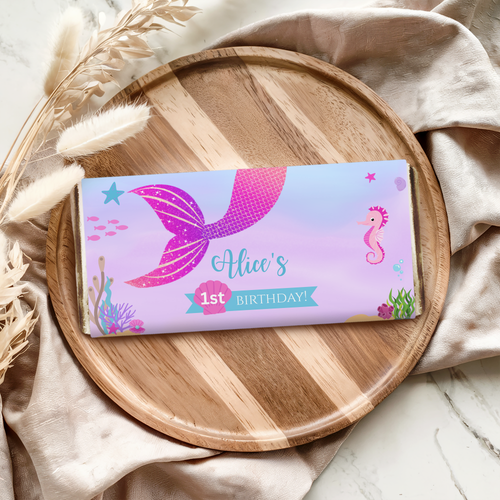 1st Birthday Mermaid Chocolate Wrappers, First Birthday Mermaid Candy Bar Wrapper, Mermaid First Chocolate Wrappers 9168