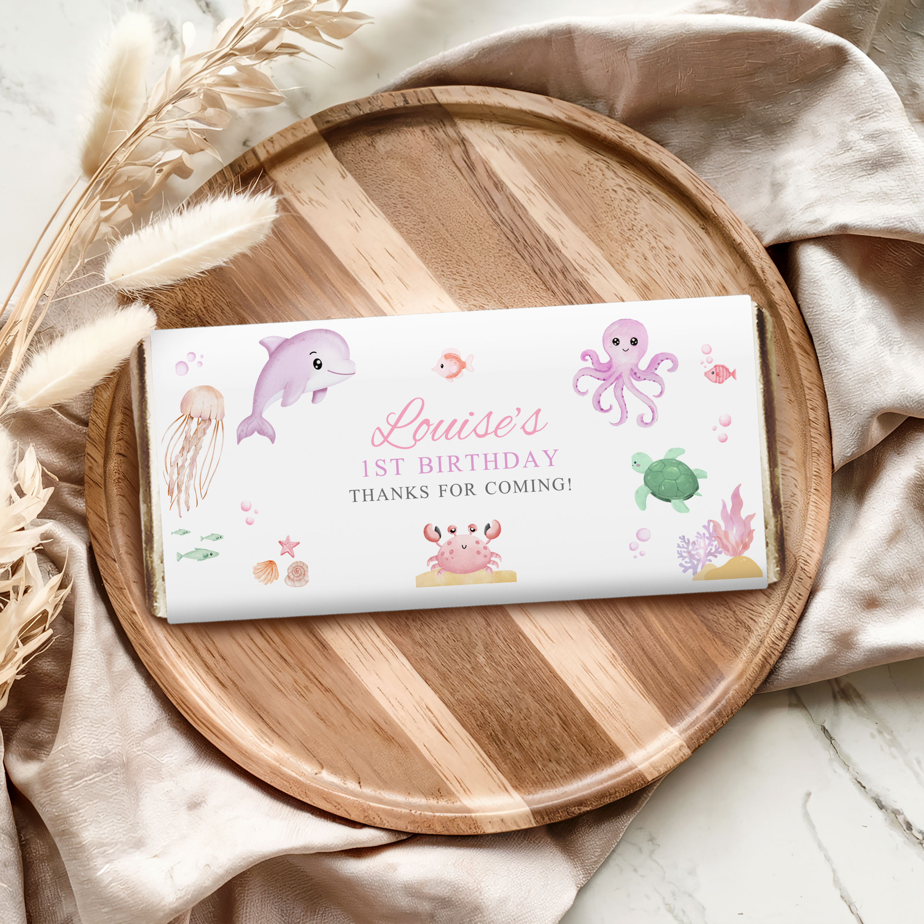 Oneder the sea 1st Birthday Chocolate Wrappers, Under the sea Pink Candy Bar Label 9180