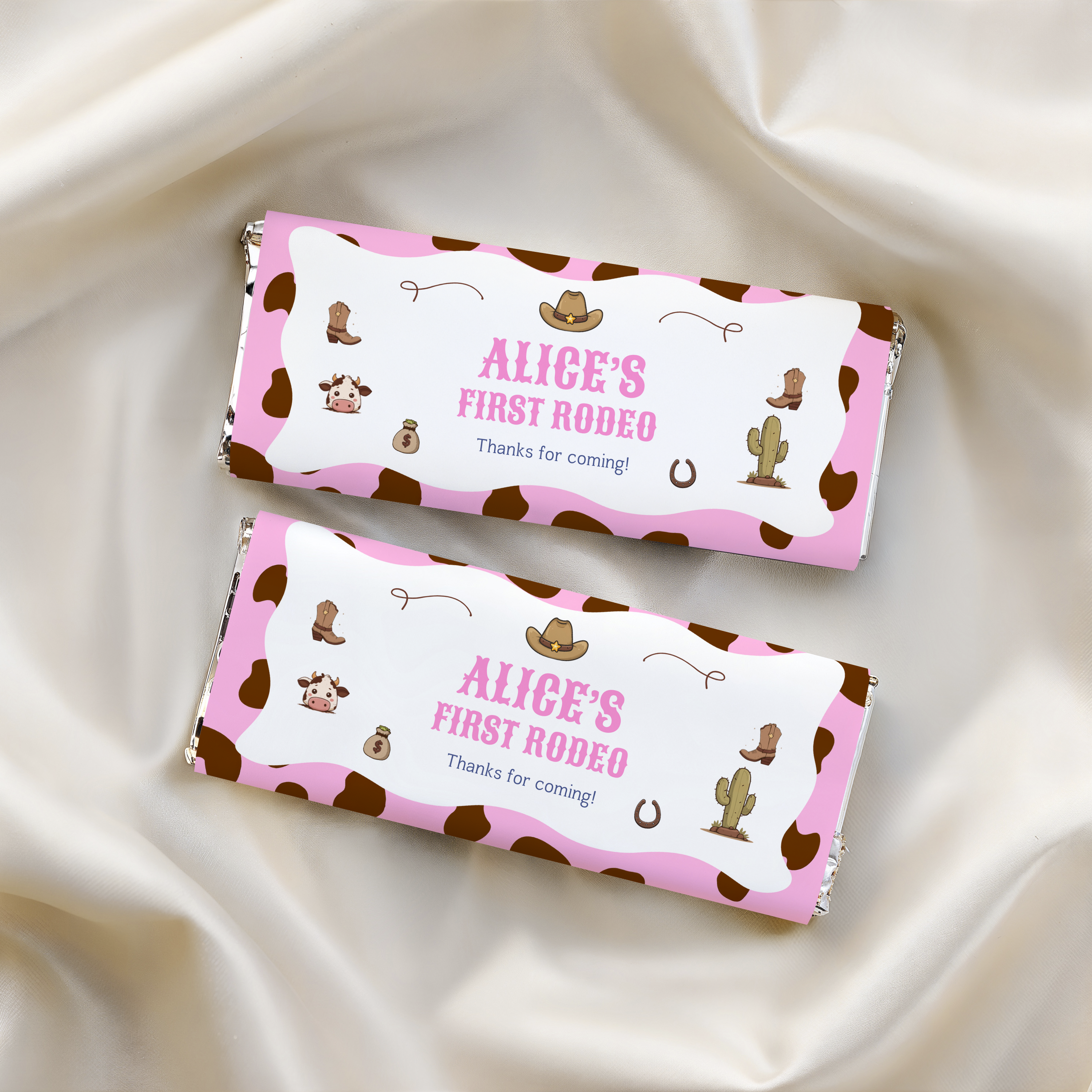 Editable 1st Birthday Cowgirl Chocolate Wrappers, First Rodeo Party Candy Bar Wrapper, Cowgirl Pink First Rodeo Chocolate Wrappers 8538