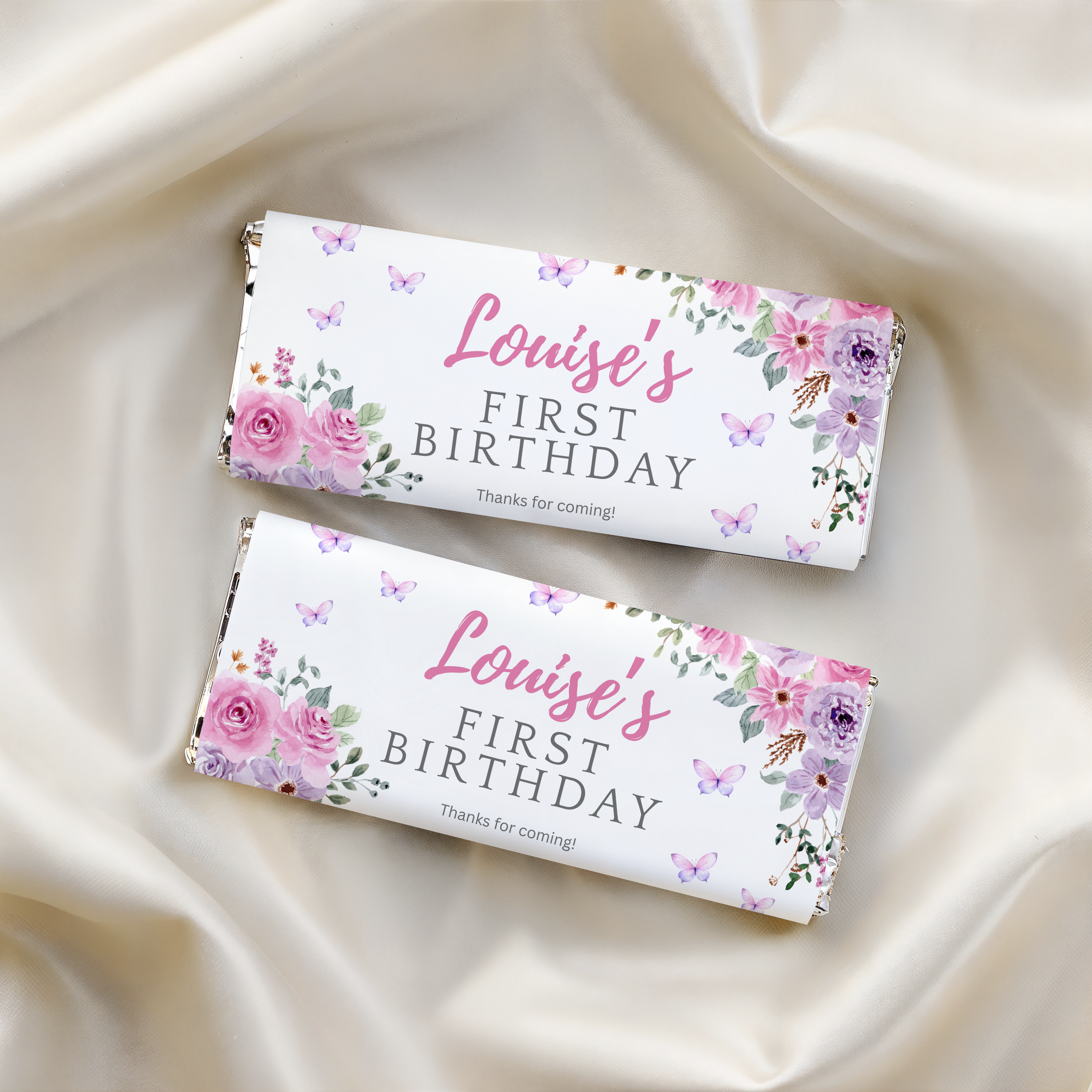Butterfly 1st Birthday Chocolate Wrappers, Purple Flowers Candy Bar Label 9194