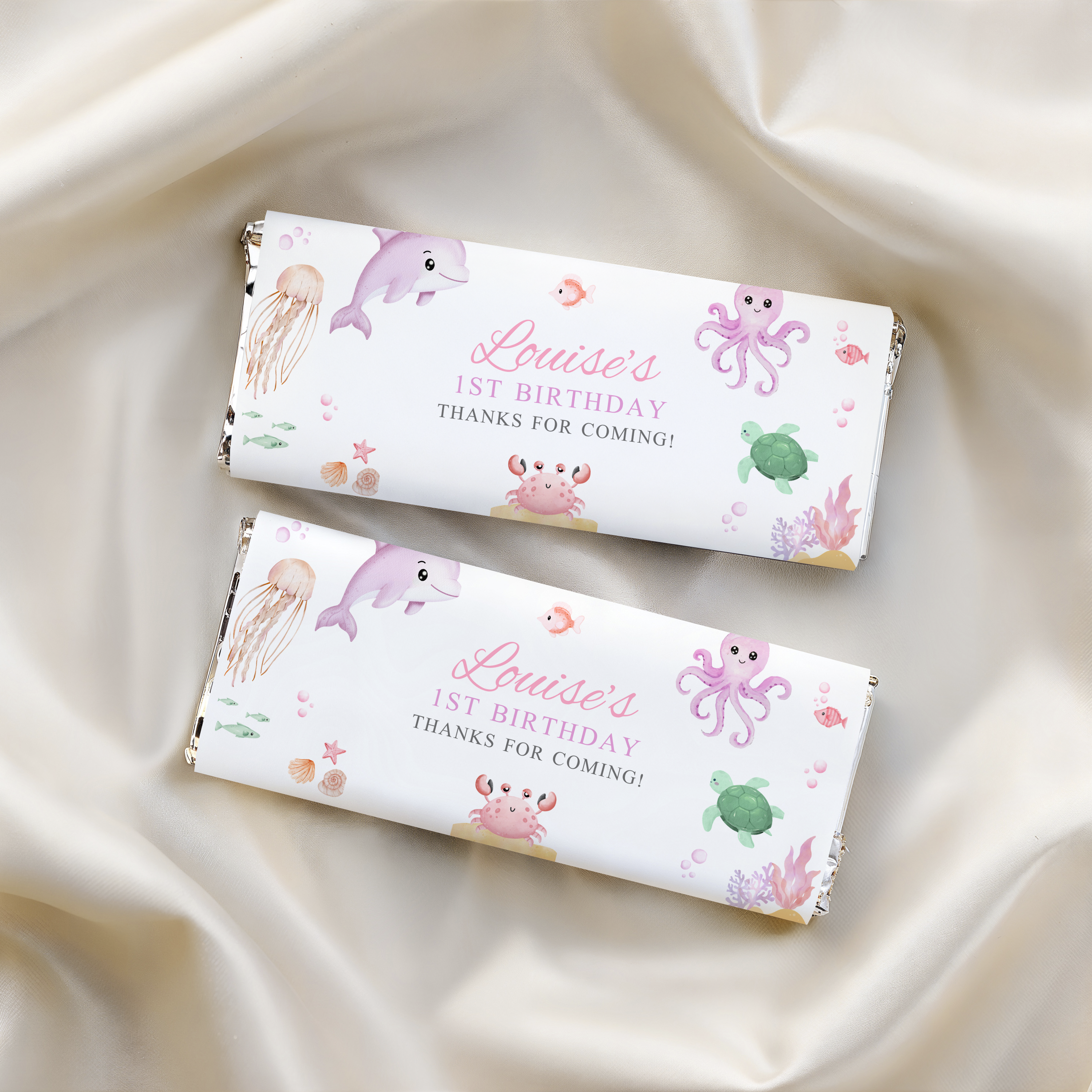 Oneder the sea 1st Birthday Chocolate Wrappers, Under the sea Pink Candy Bar Label 9180