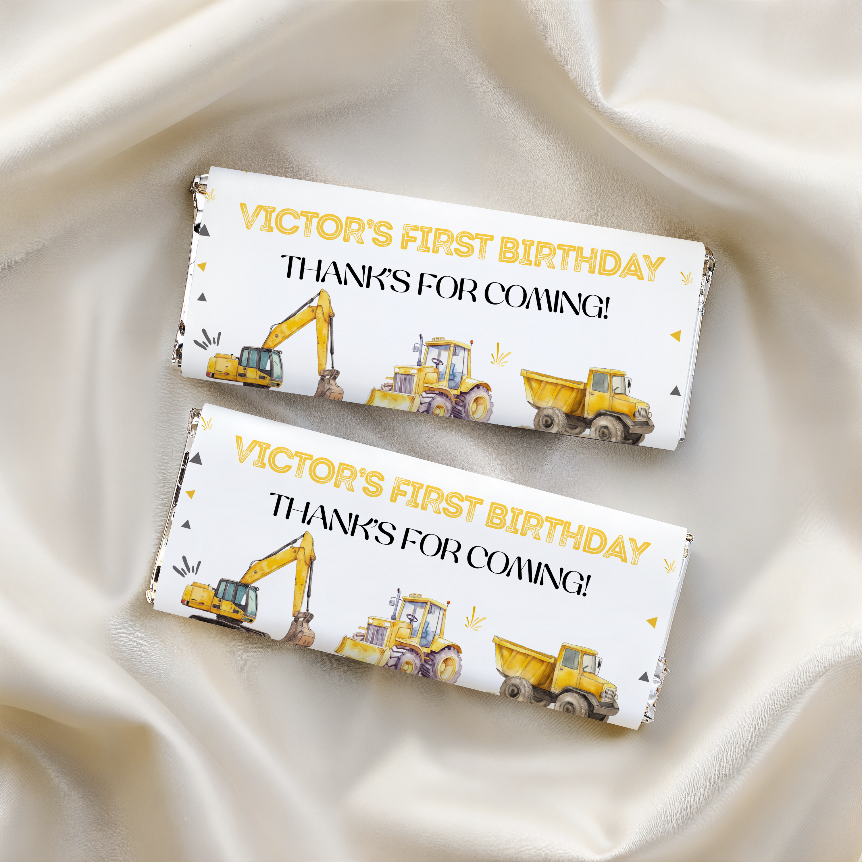 1st Birthday Construction Chocolate Wrappers, First Birthday Party Candy Bar Wrapper, Yellow Tractors Chocolate Wrappers 9164