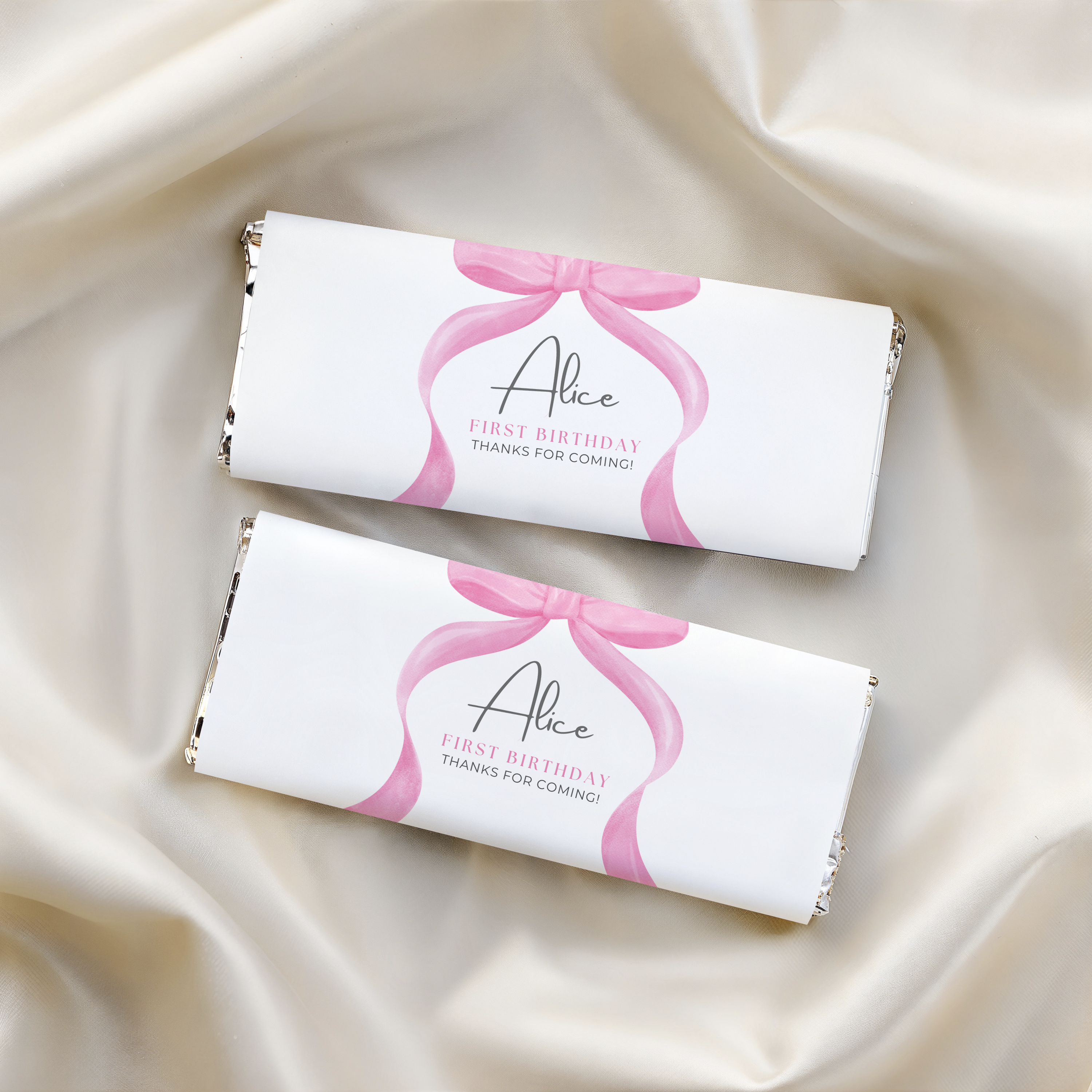 Editable 1st Birthday Pink Bow Chocolate Wrappers, Pink Bow Party Candy Bar Wrapper, First Birthday Pink Bow, Instant Download 9156