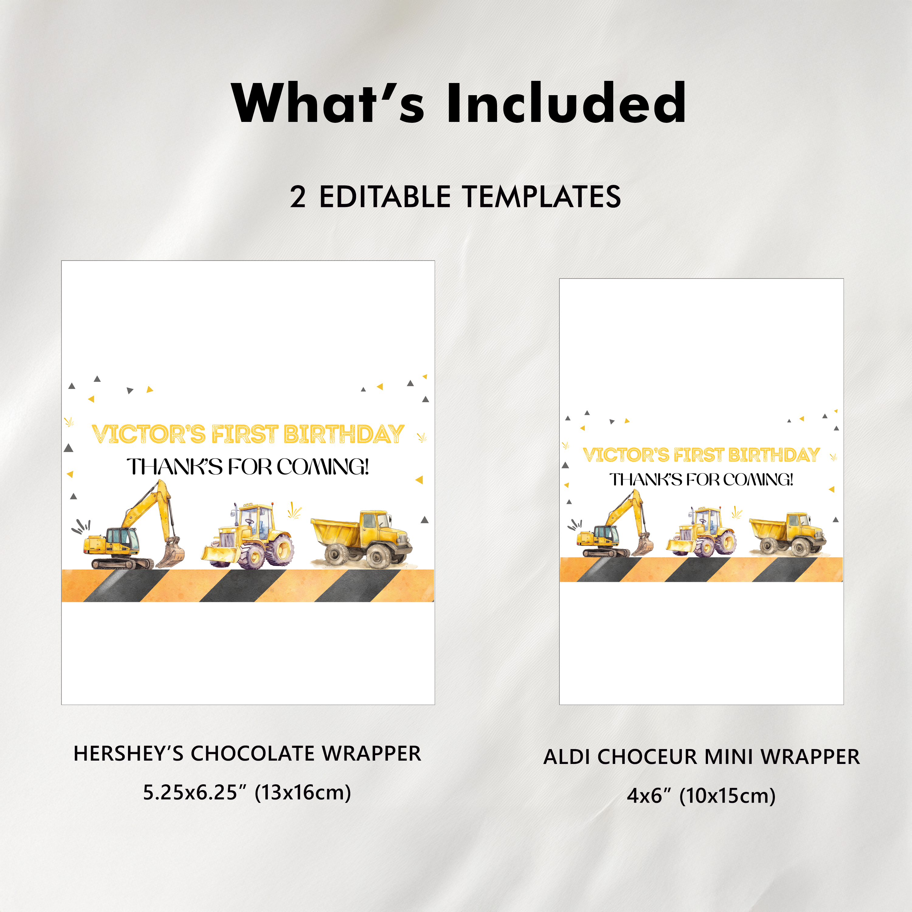 1st Birthday Construction Chocolate Wrappers, First Birthday Party Candy Bar Wrapper, Yellow Tractors Chocolate Wrappers 9164