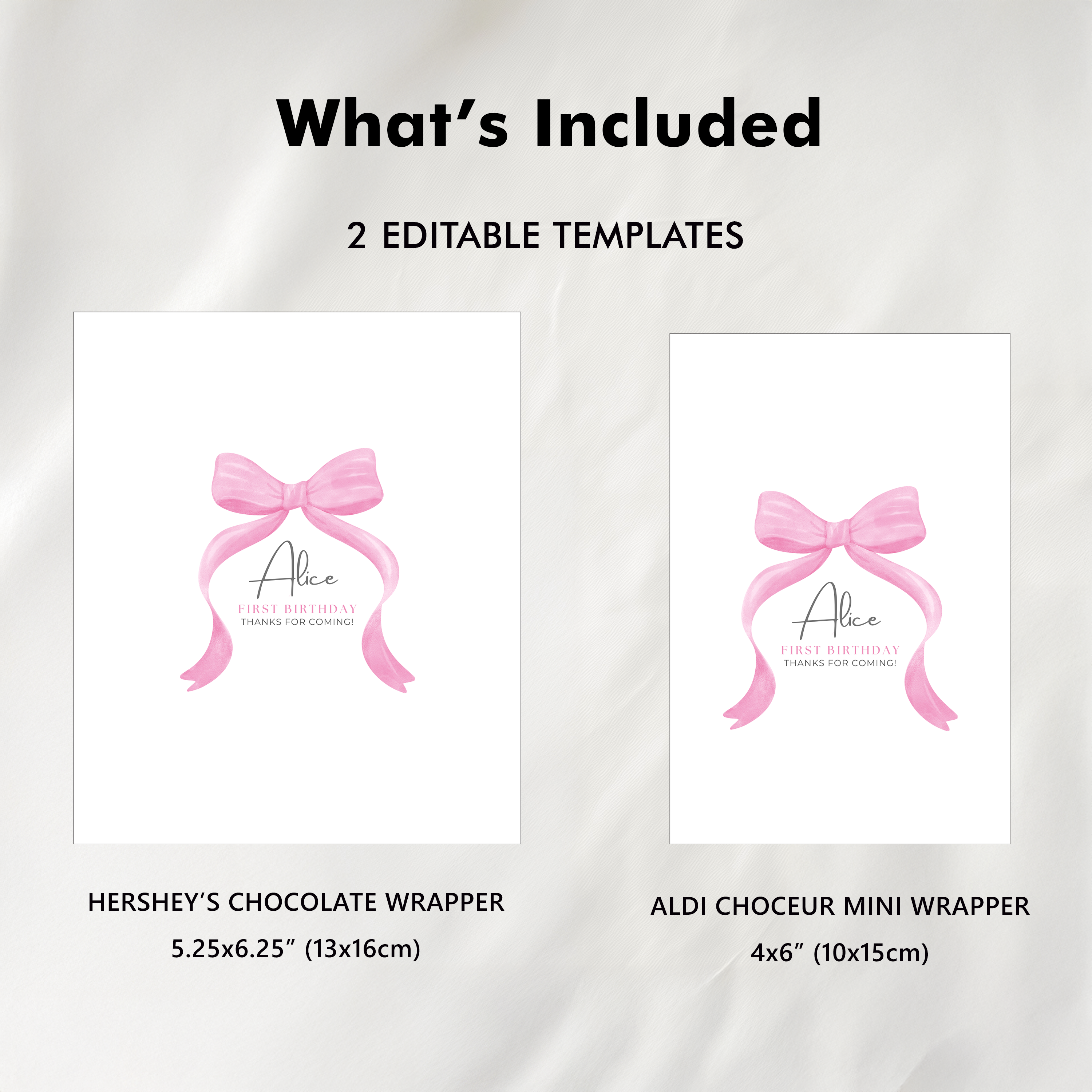 Editable 1st Birthday Pink Bow Chocolate Wrappers, Pink Bow Party Candy Bar Wrapper, First Birthday Pink Bow, Instant Download 9156