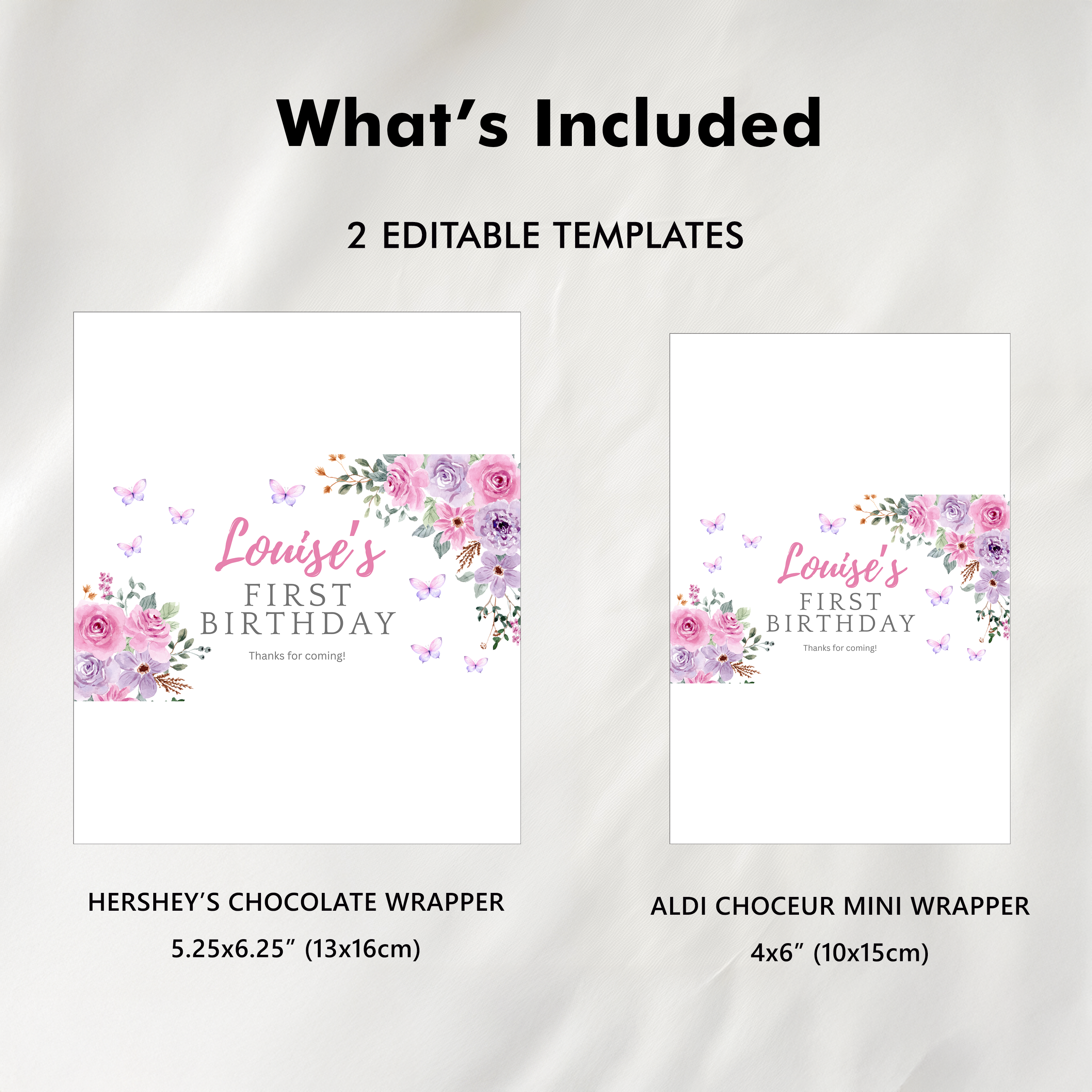 Butterfly 1st Birthday Chocolate Wrappers, Purple Flowers Candy Bar Label 9194