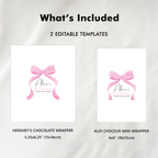 Pink Bow Chocolate Wrappers, Coquette Baby Shower Candy Bar Wrapper, Baby girl 9303