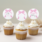 Editable Pink Bow Birthday Cupcake Toppers, Coquette Pink Bow Party Cake Toppers, First Birthday Pink Bow Toppers, Instant Download 9156