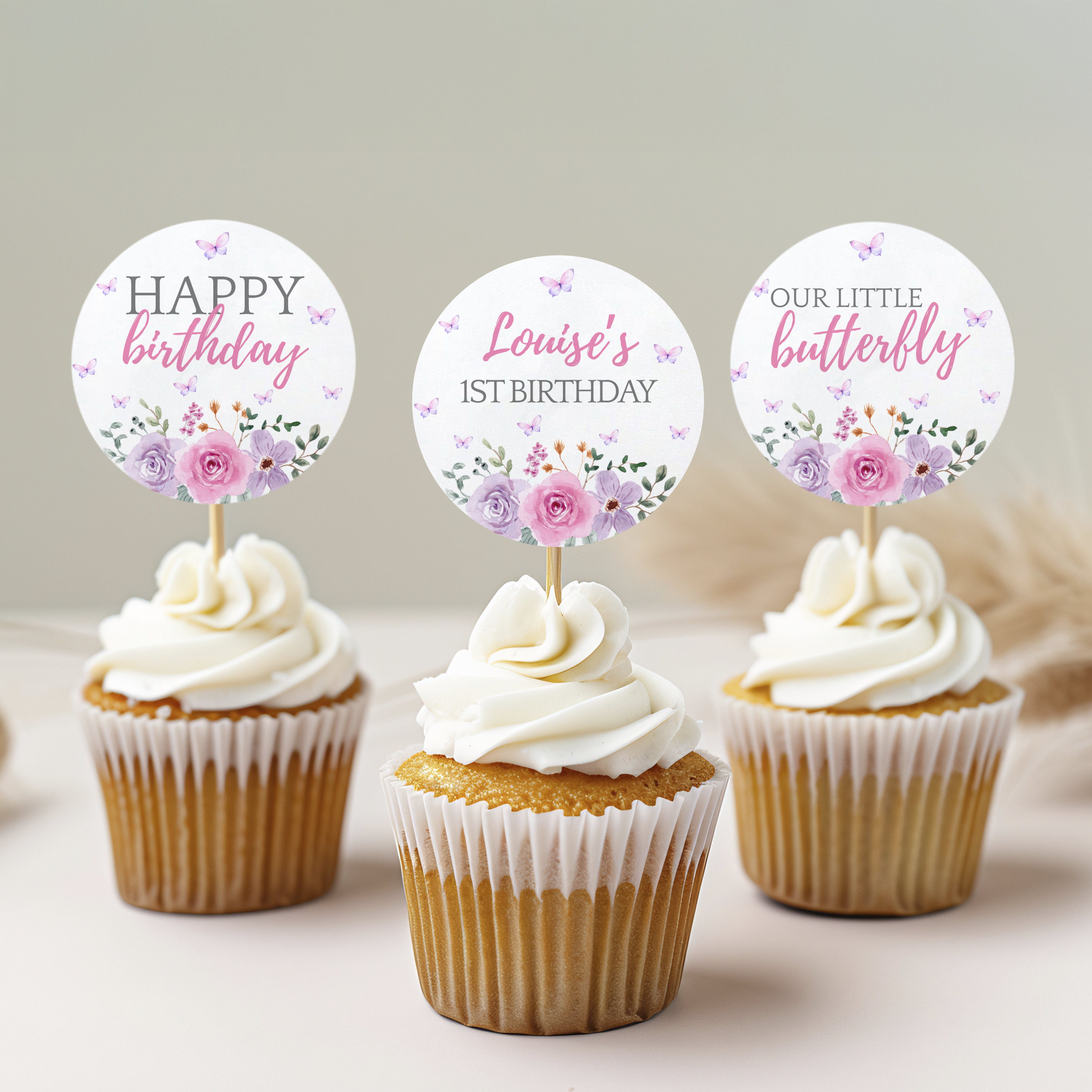 Butterfly Cupcake Topper, Purple Flowers 1st Birthday Cupcake Toppers 9194