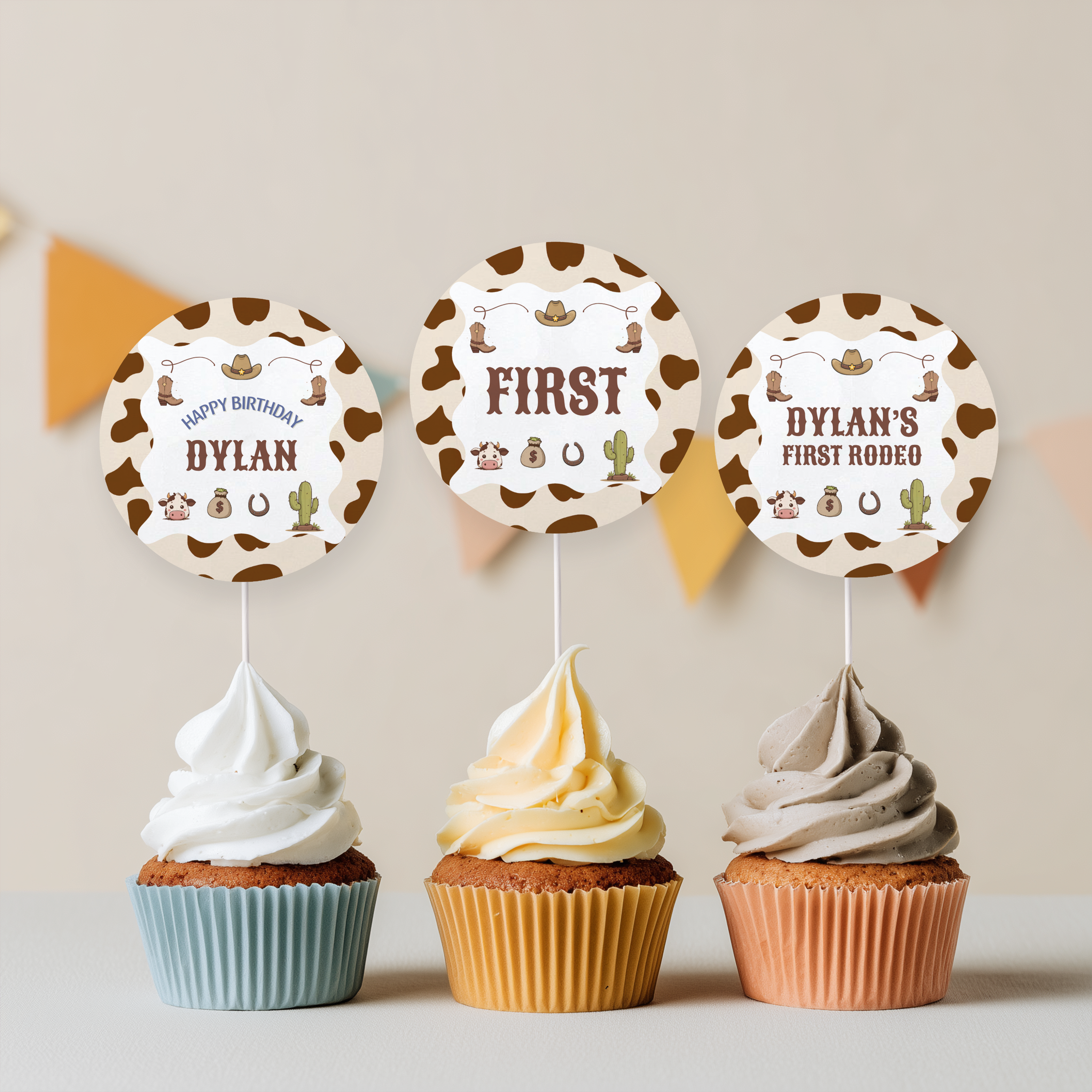 Editable Cowboy First Rodeo Birthday Cupcake Toppers | Cowboy Party Cake Toppers | Western Birthday Decorations | Instant Download 8539