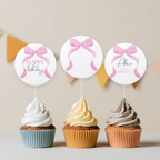 Editable Pink Bow Birthday Cupcake Toppers, Coquette Pink Bow Party Cake Toppers, First Birthday Pink Bow Toppers, Instant Download 9156