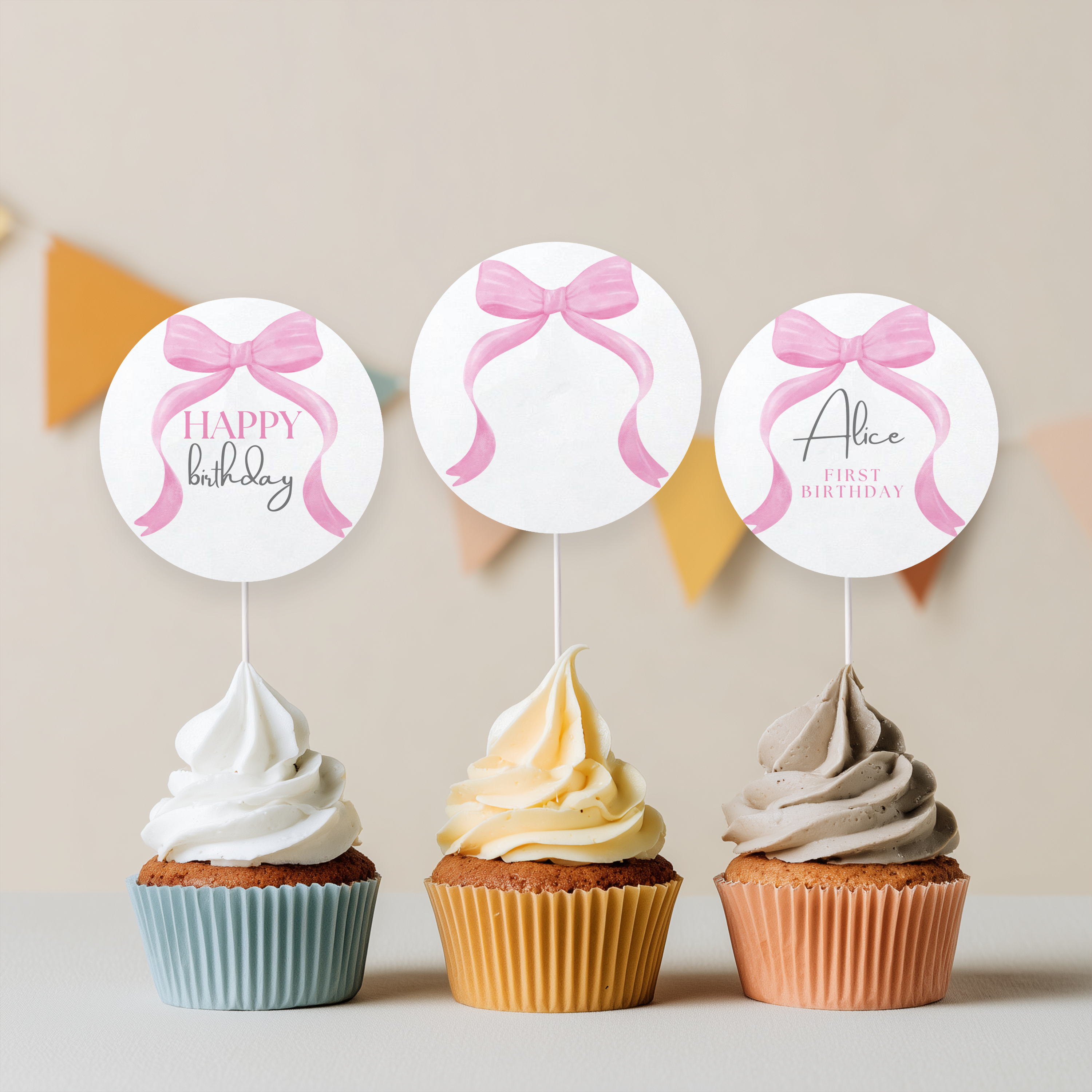 Editable Pink Bow Birthday Cupcake Toppers, Coquette Pink Bow Party Cake Toppers, First Birthday Pink Bow Toppers, Instant Download 9156