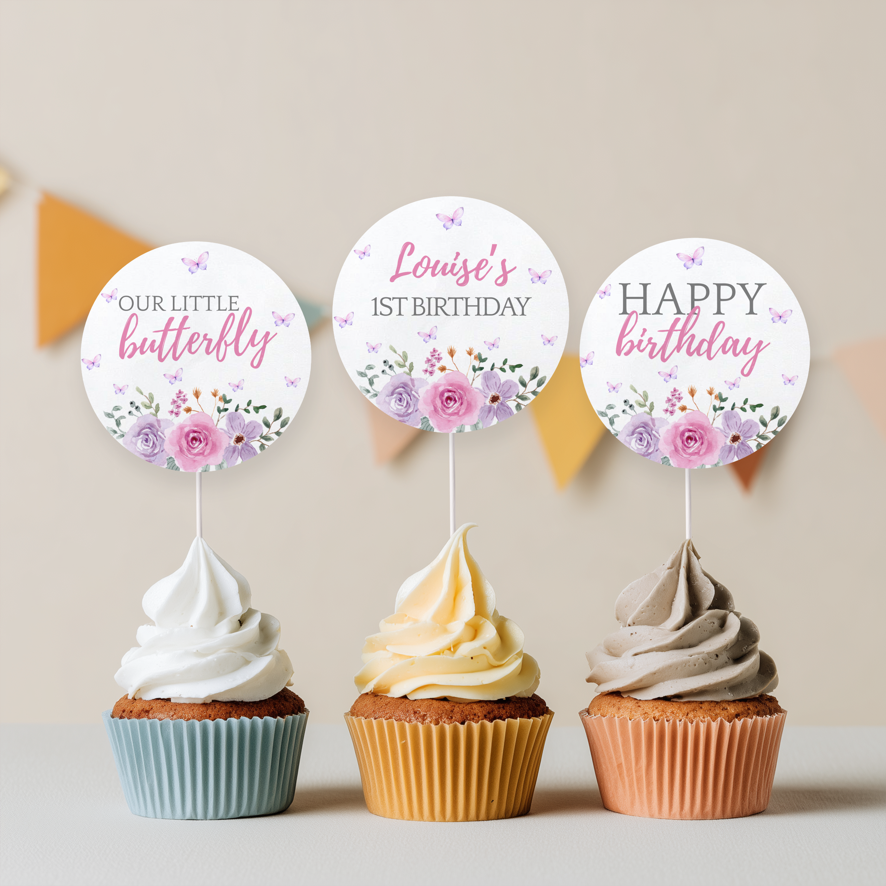 Butterfly Cupcake Topper, Purple Flowers 1st Birthday Cupcake Toppers 9194