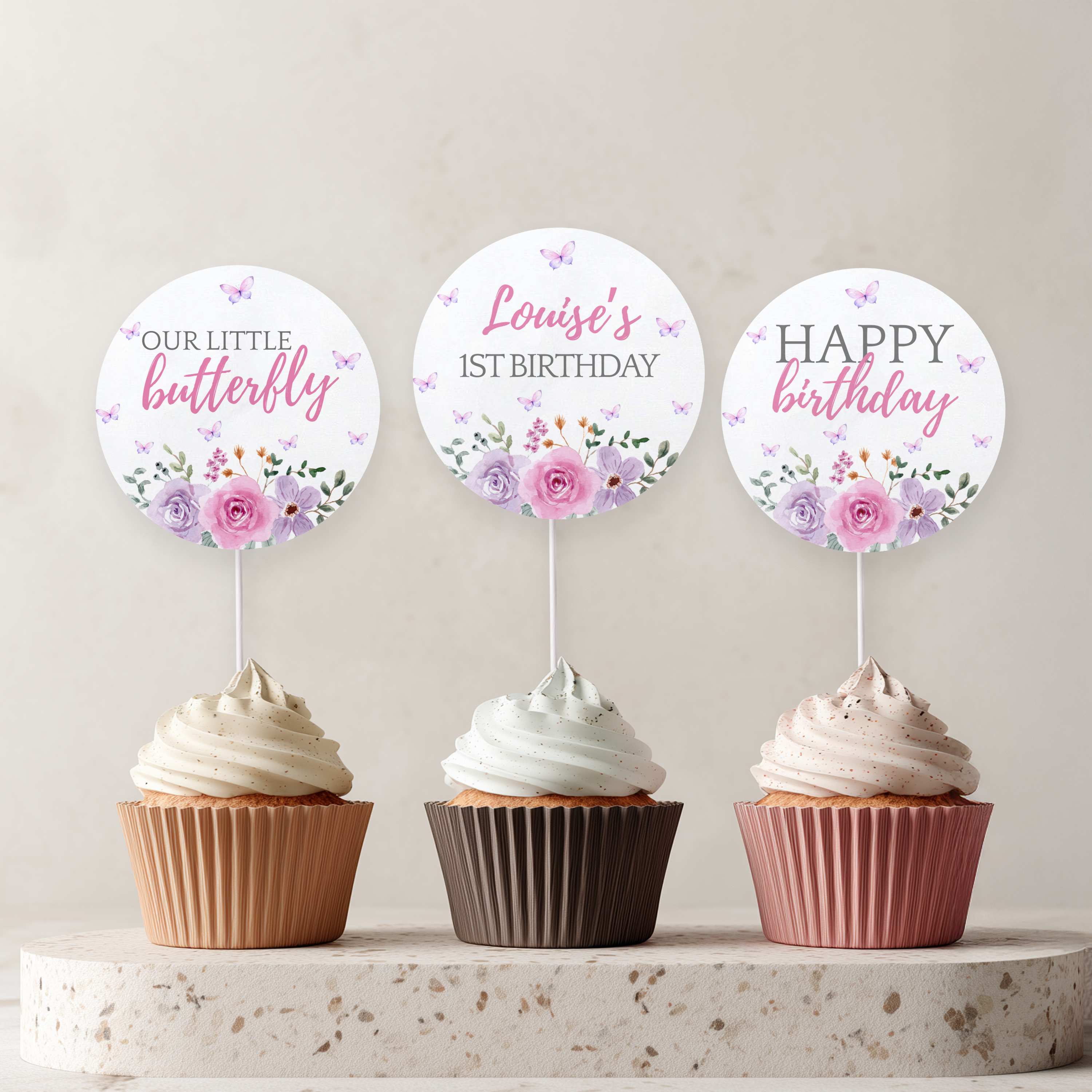 Butterfly Cupcake Topper, Purple Flowers 1st Birthday Cupcake Toppers 9194