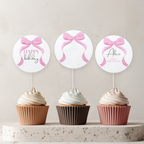 Editable Pink Bow Birthday Cupcake Toppers, Coquette Pink Bow Party Cake Toppers, First Birthday Pink Bow Toppers, Instant Download 9156