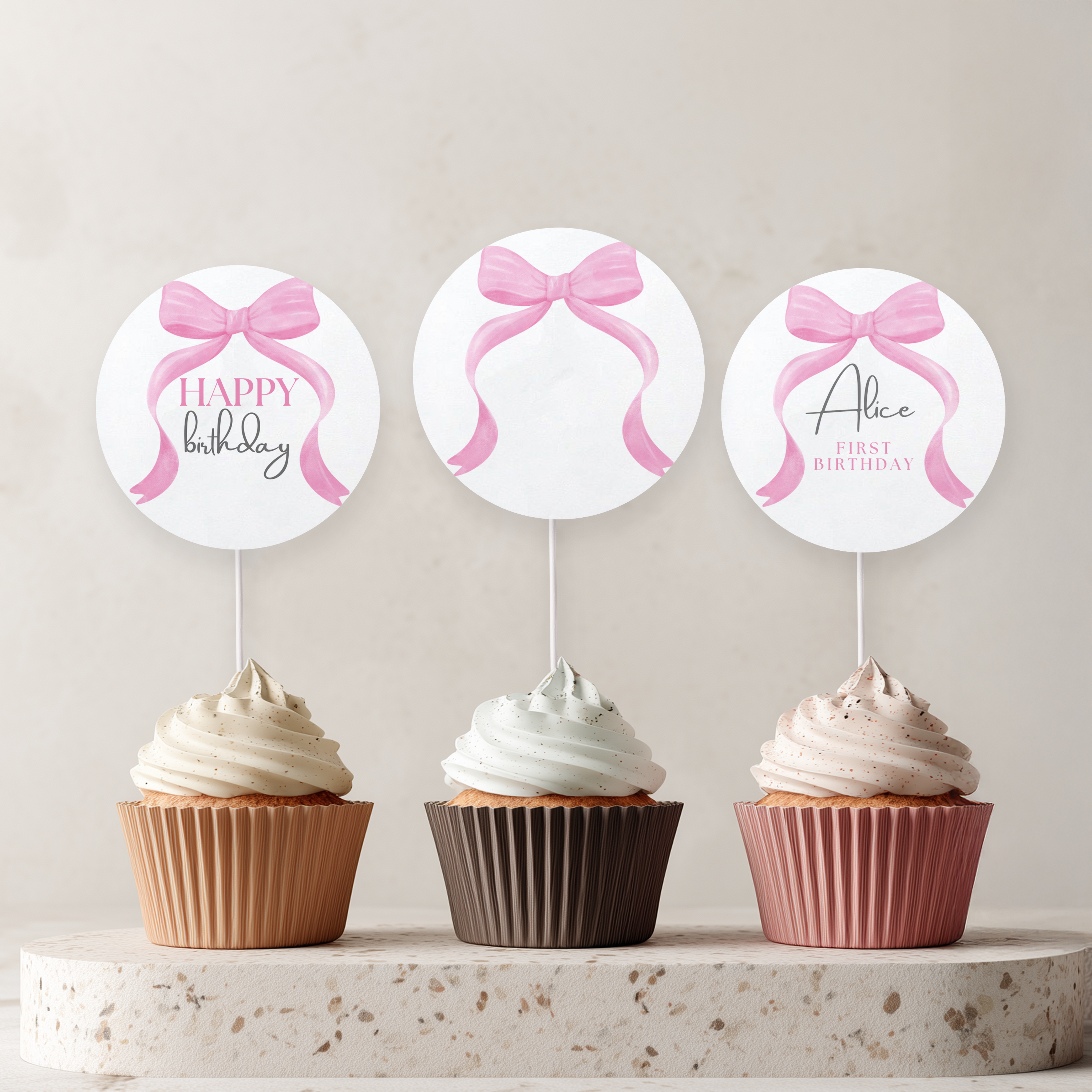 Editable Pink Bow Birthday Cupcake Toppers, Coquette Pink Bow Party Cake Toppers, First Birthday Pink Bow Toppers, Instant Download 9156
