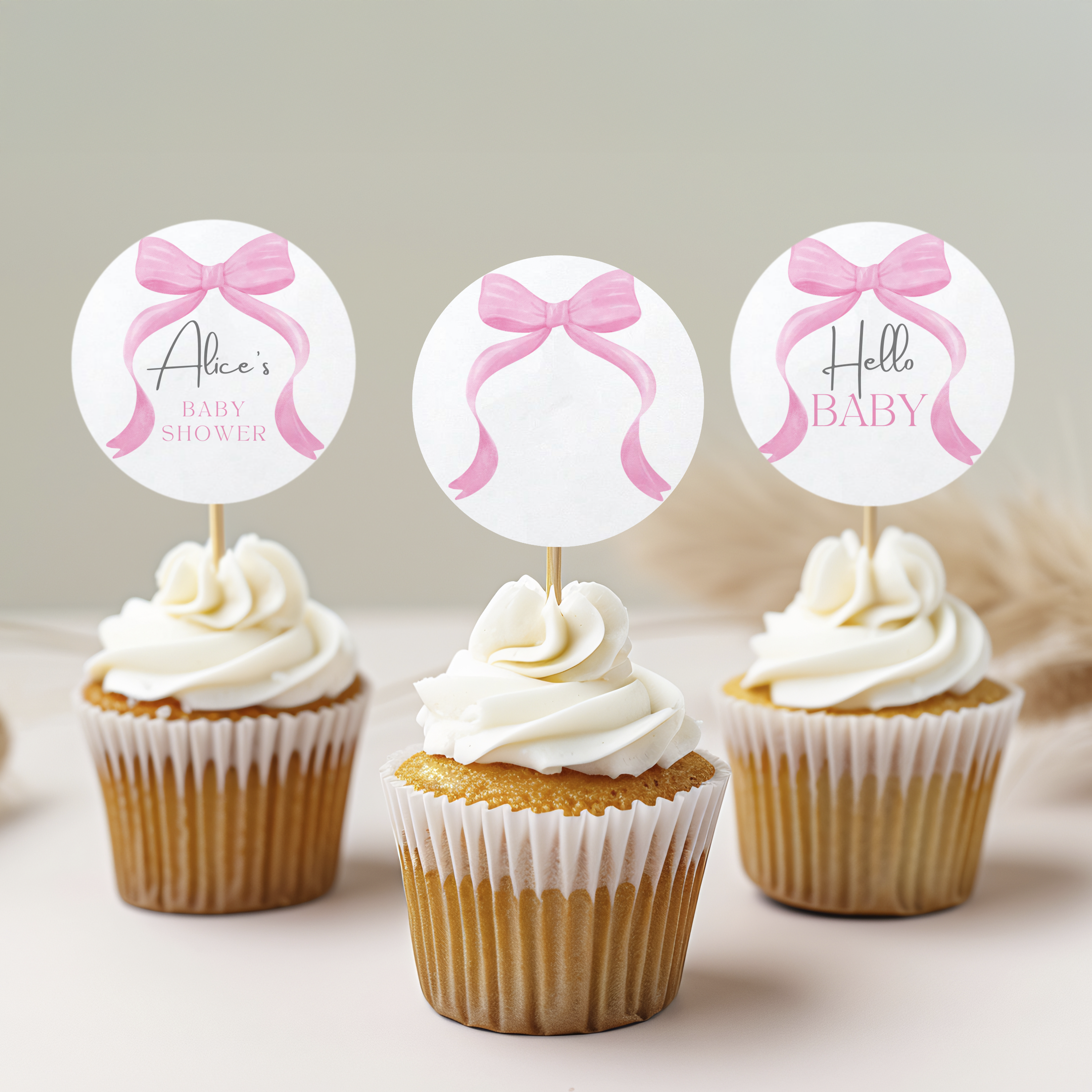 Pink Bow Baby Shower Cupcake toppers, Baby Girl, Coquette Party Cake topper 9303