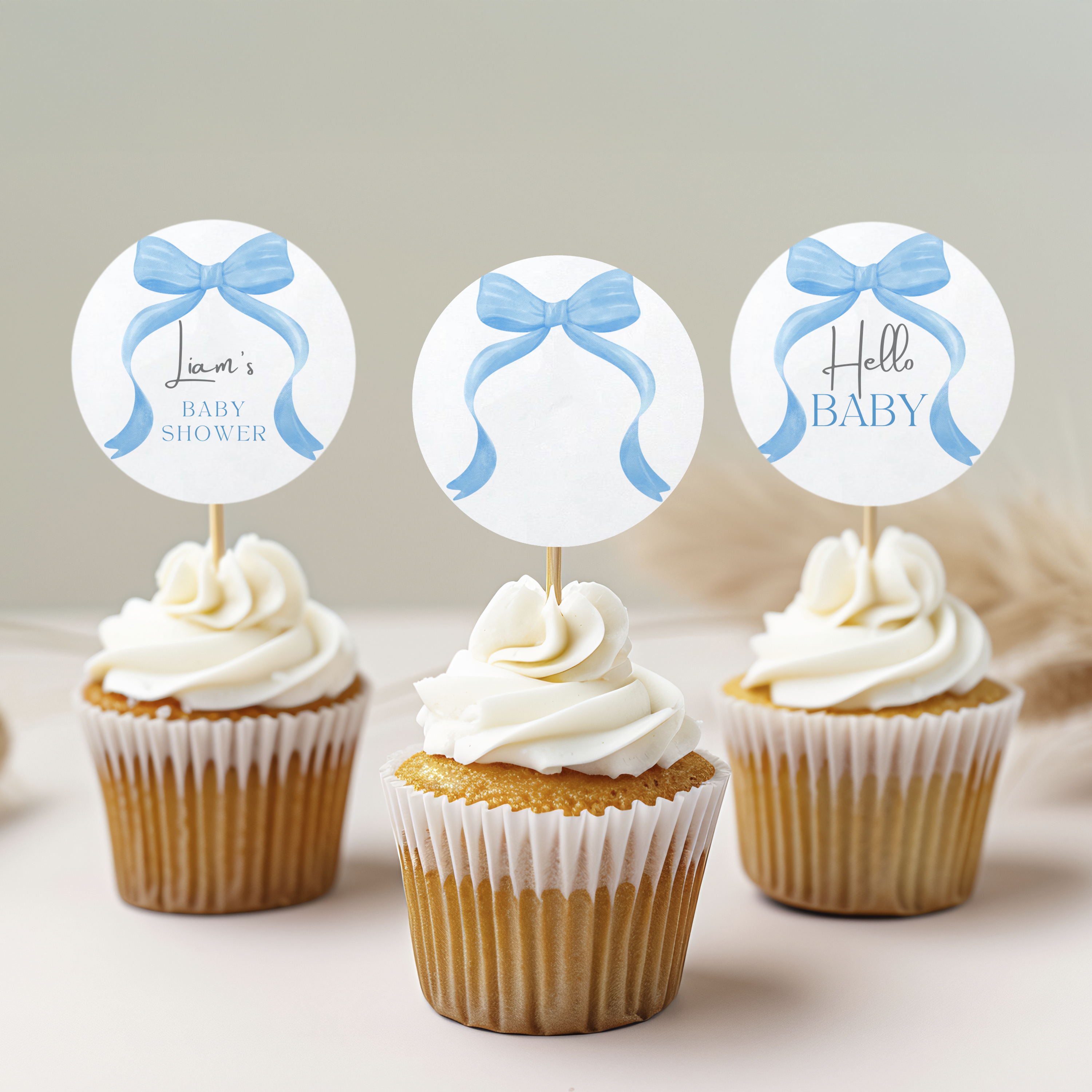 Blue Bow Baby Shower Cupcake toppers, Party Cake topper 9304