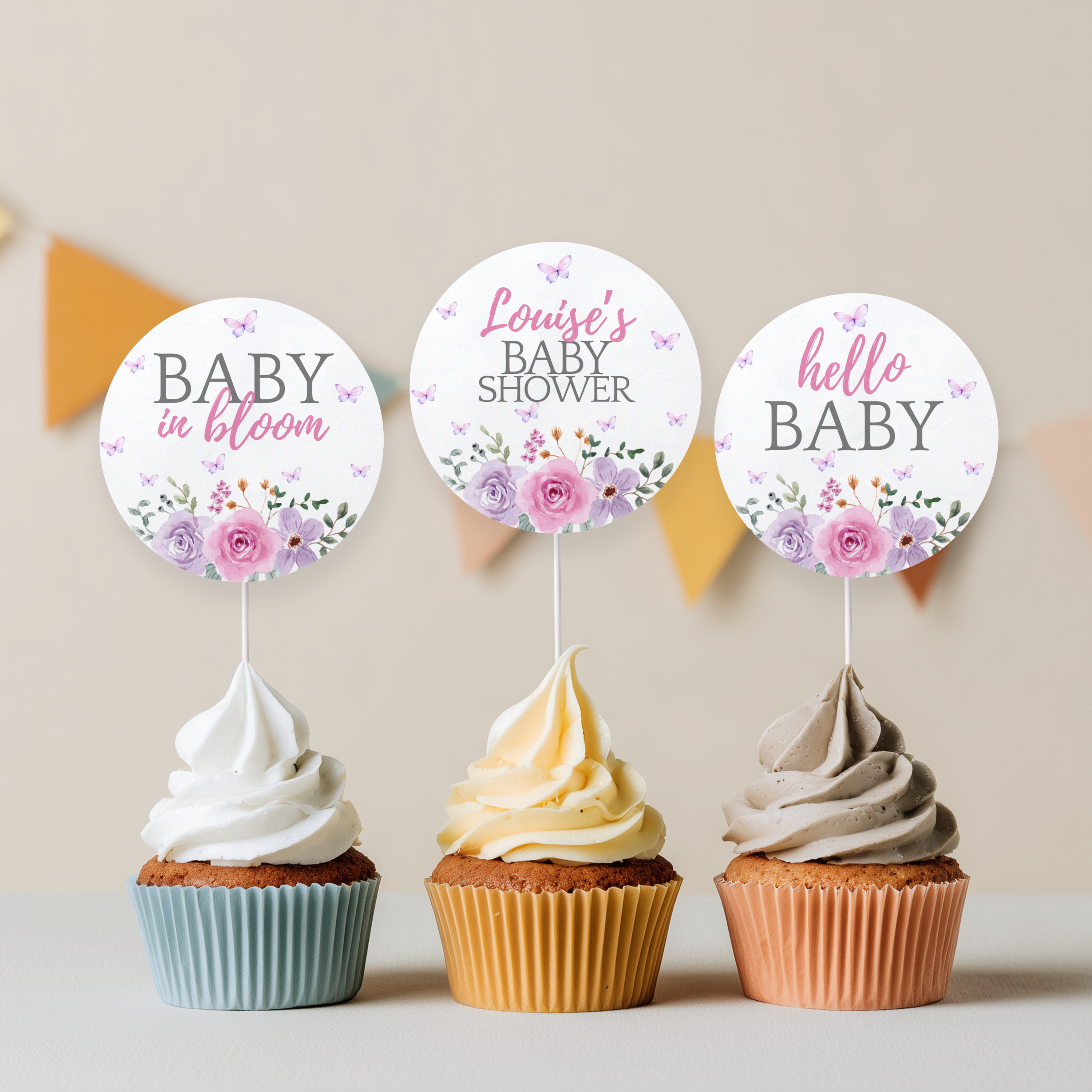 Baby in Bloom Baby Shower Cupcake toppers, Flowers Party Cake topper 9196
