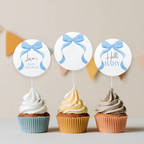 Blue Bow Baby Shower Cupcake toppers, Party Cake topper 9304