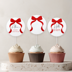 Red Bow Baby Shower Cupcake toppers, Gender Neutral, Red Ribbon Party Cake topper 9301