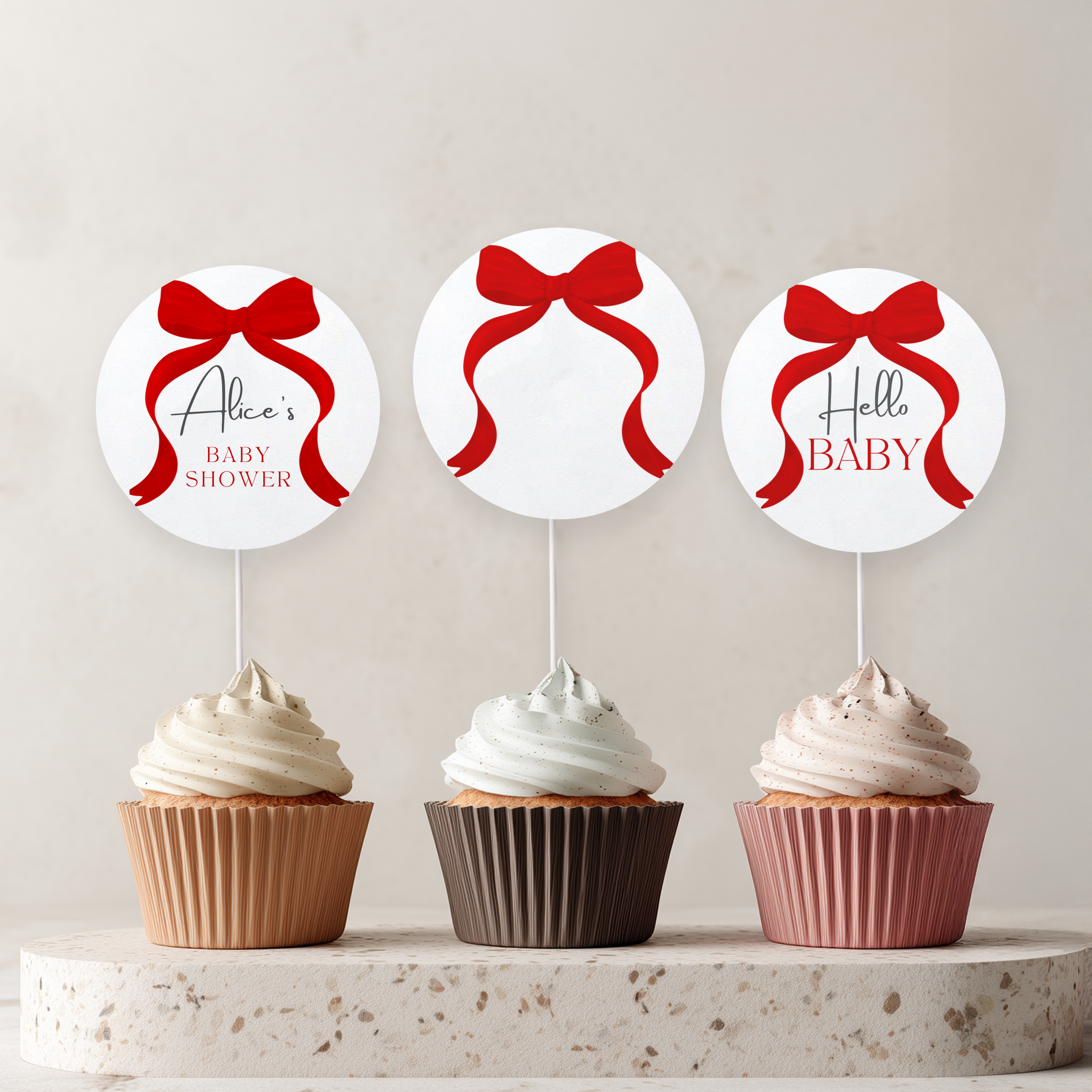 Red Bow Baby Shower Cupcake toppers, Gender Neutral, Red Ribbon Party Cake topper 9301
