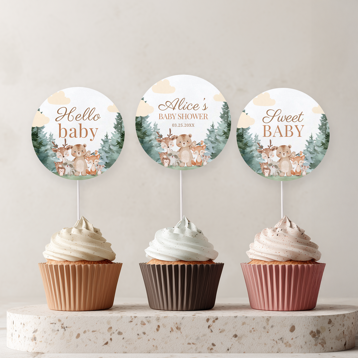 Woodland Baby Shower Cupcake toppers, Party Cake topper