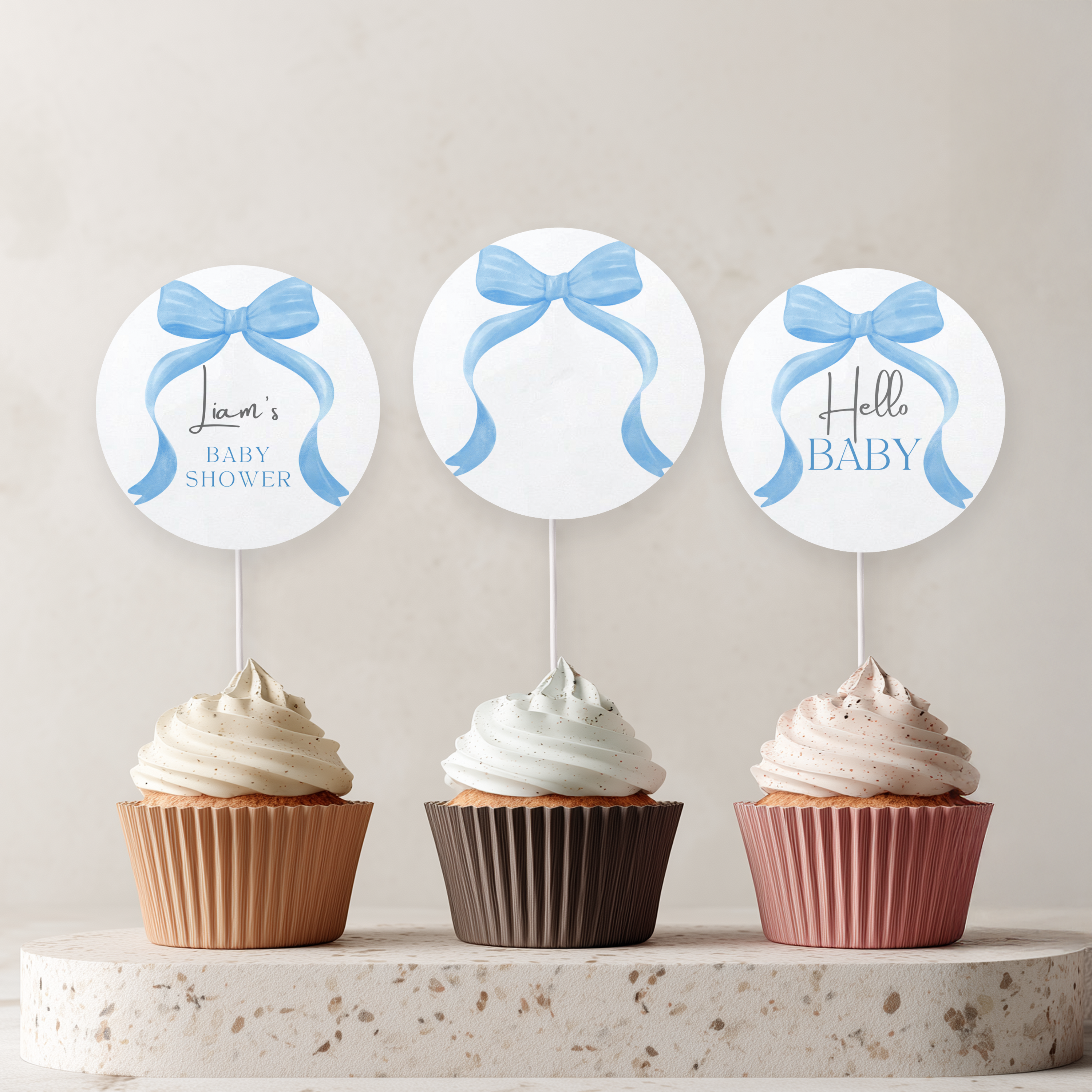 Blue Bow Baby Shower Cupcake toppers, Party Cake topper 9304