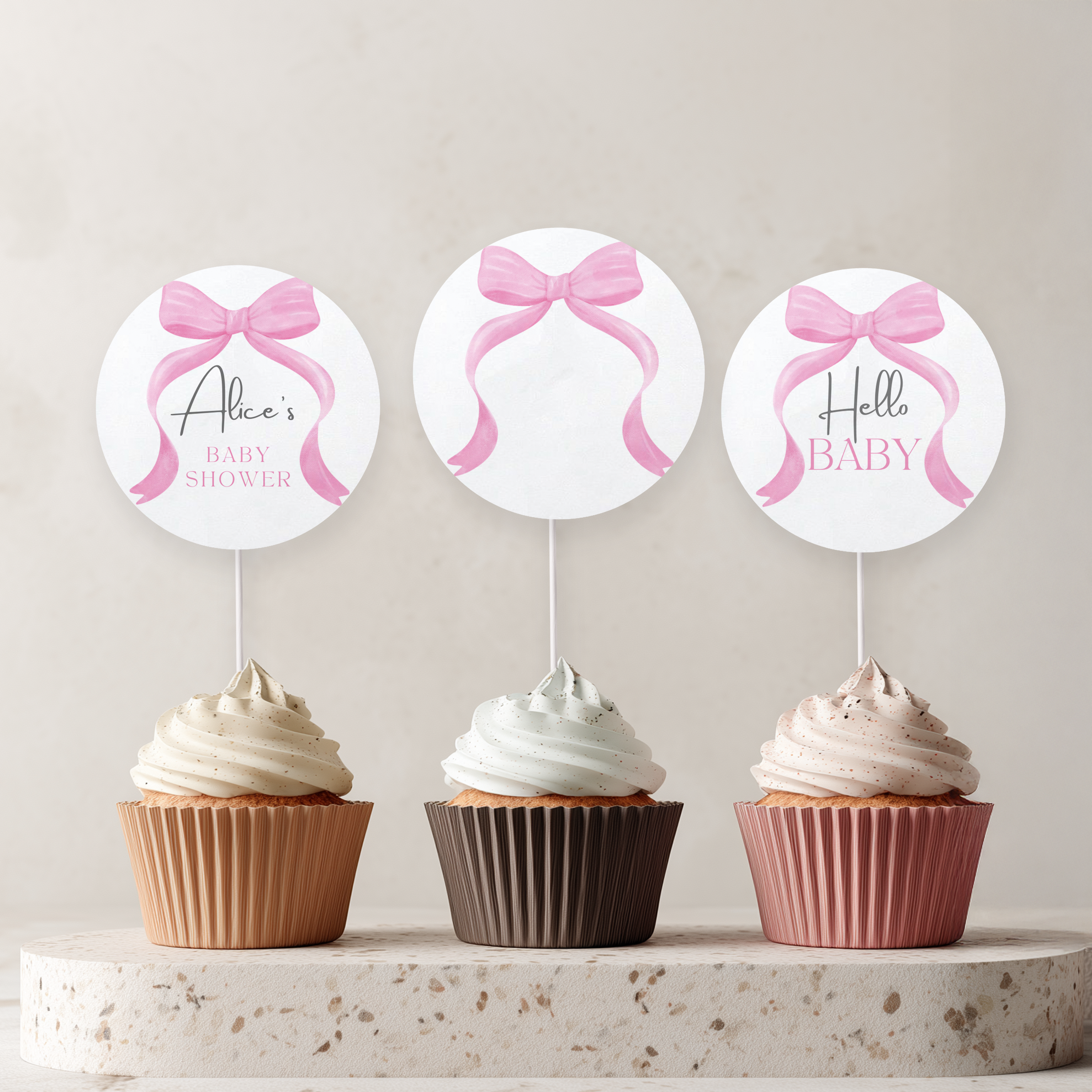 Pink Bow Baby Shower Cupcake toppers, Baby Girl, Coquette Party Cake topper 9303