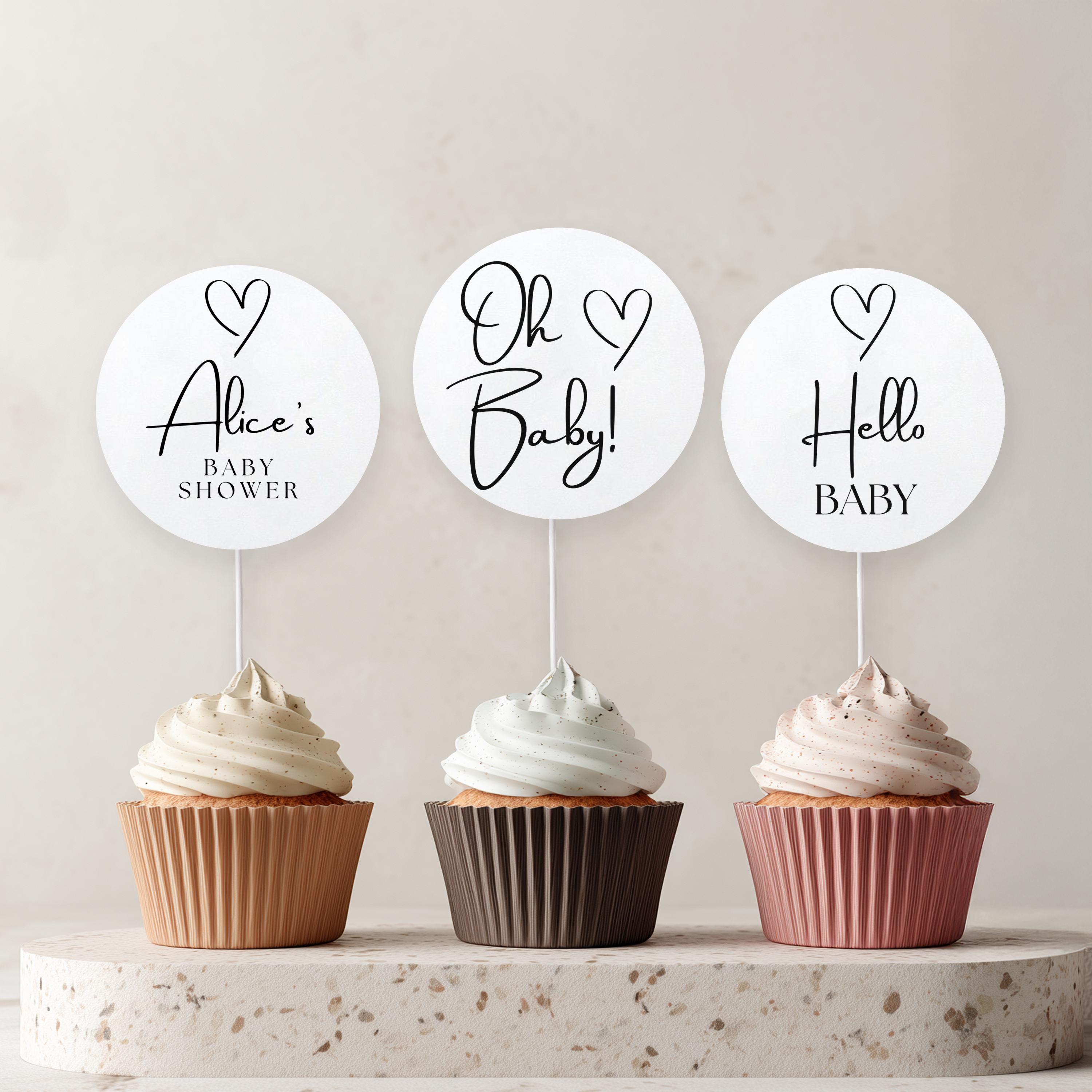 Minimalist Baby Shower Cupcake toppers, Gender Neutral, Modern Elegant Party Cake topper 9302