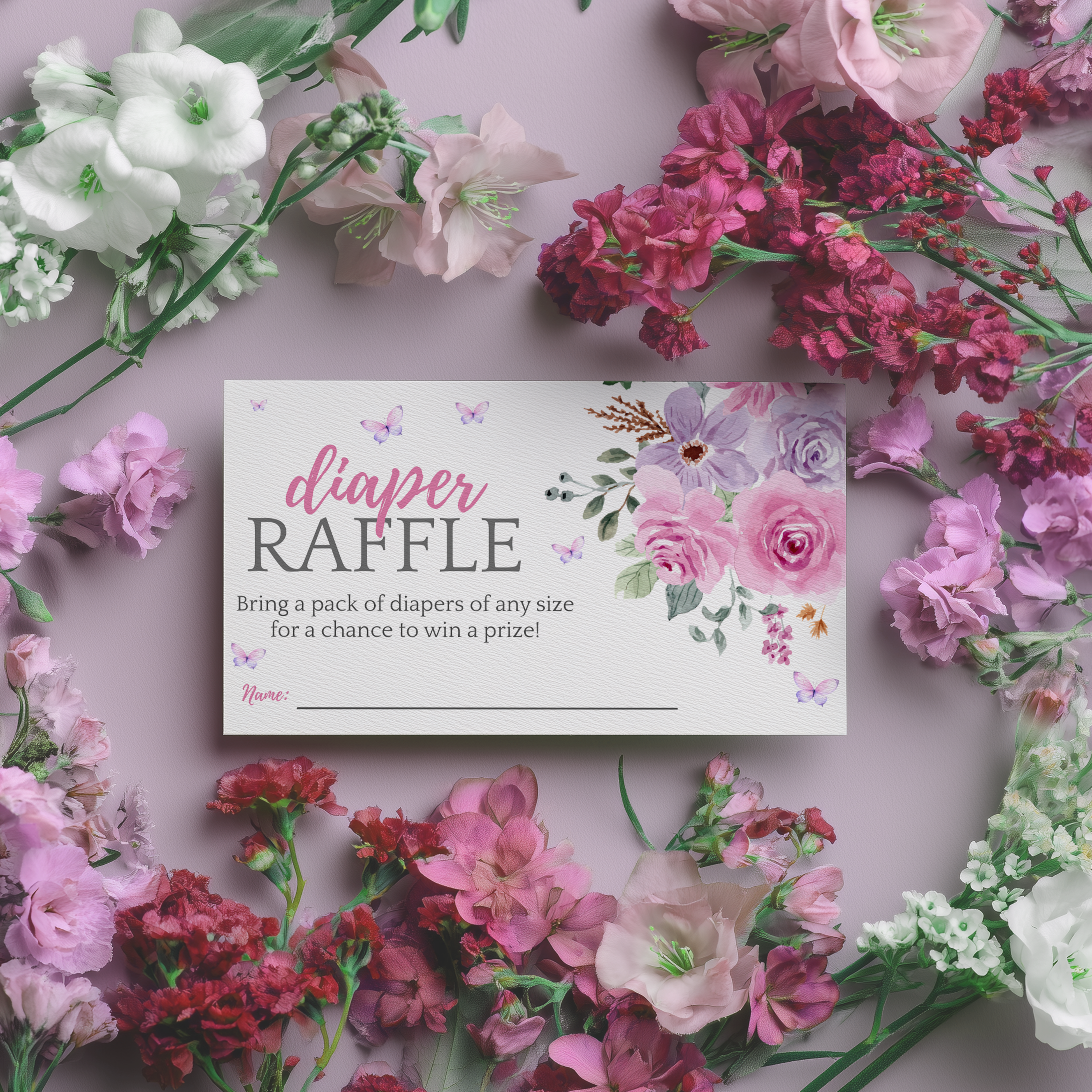 Baby in Bloom Baby Shower Diaper Raffle Card, Lilac Flowers Nappy Cards 9196