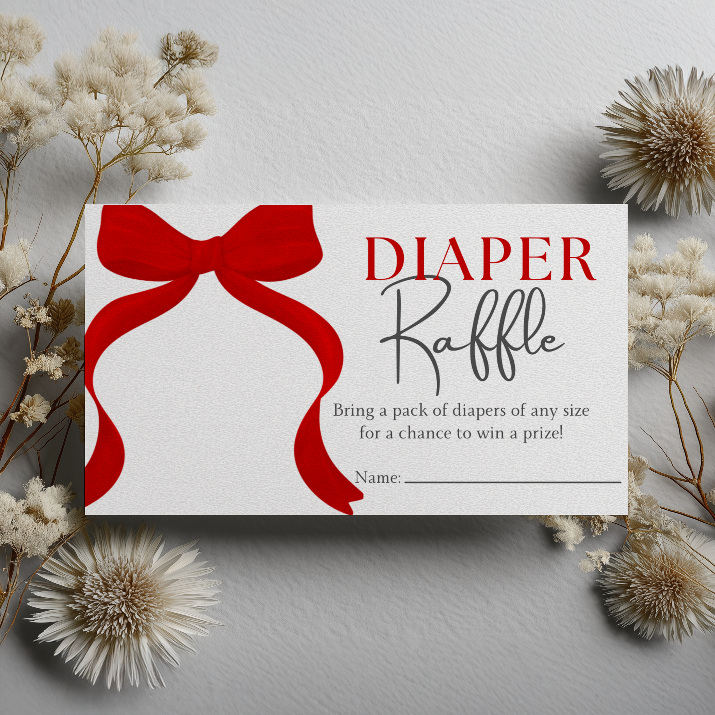 Red Bow Baby Shower Diaper Raffle Card, Gender Neutral, Printable Nappy Raffle Cards 9301