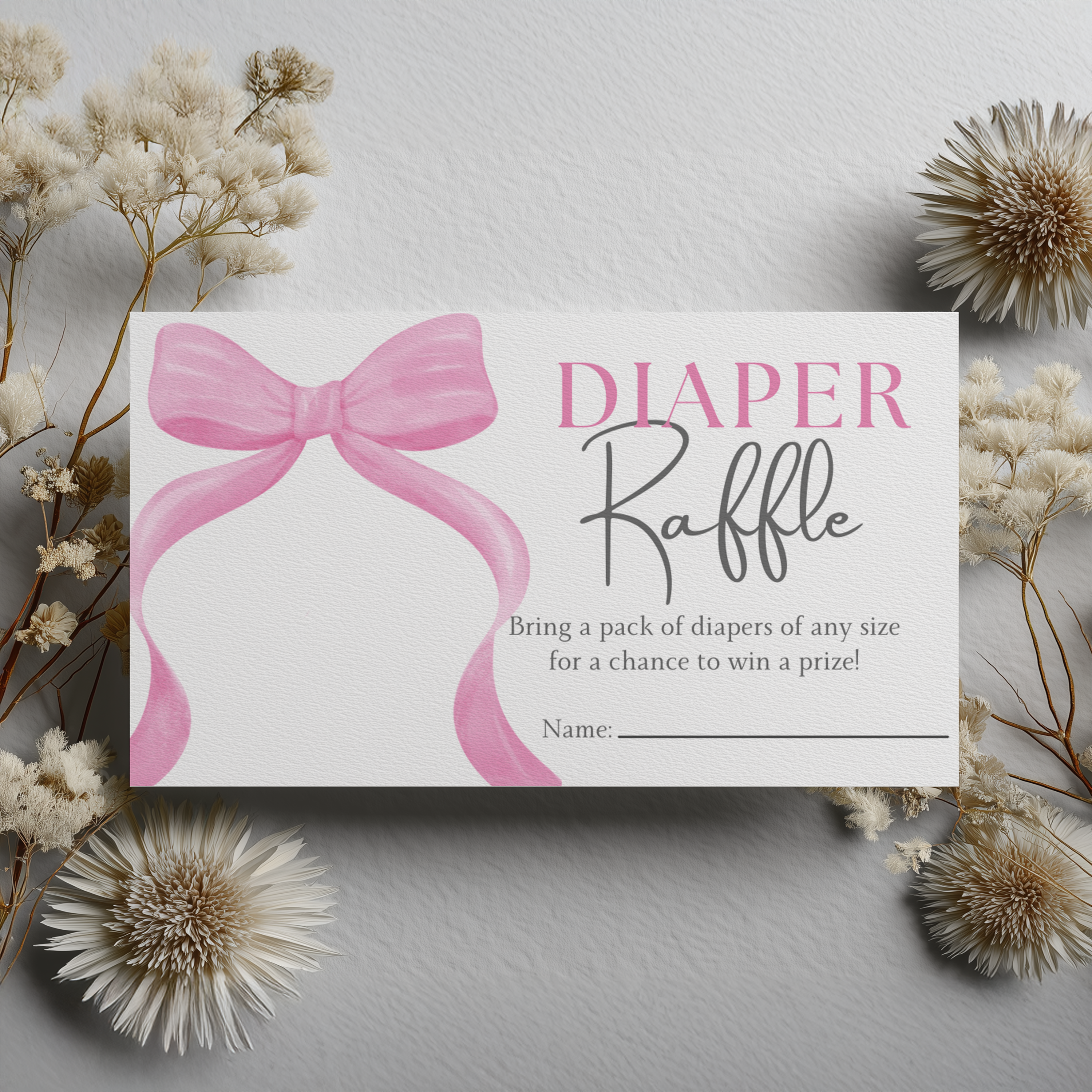 Pink Bow Baby Shower Diaper Raffle Card, Baby Girl, Coquette Printable Nappy Raffle Cards 9303