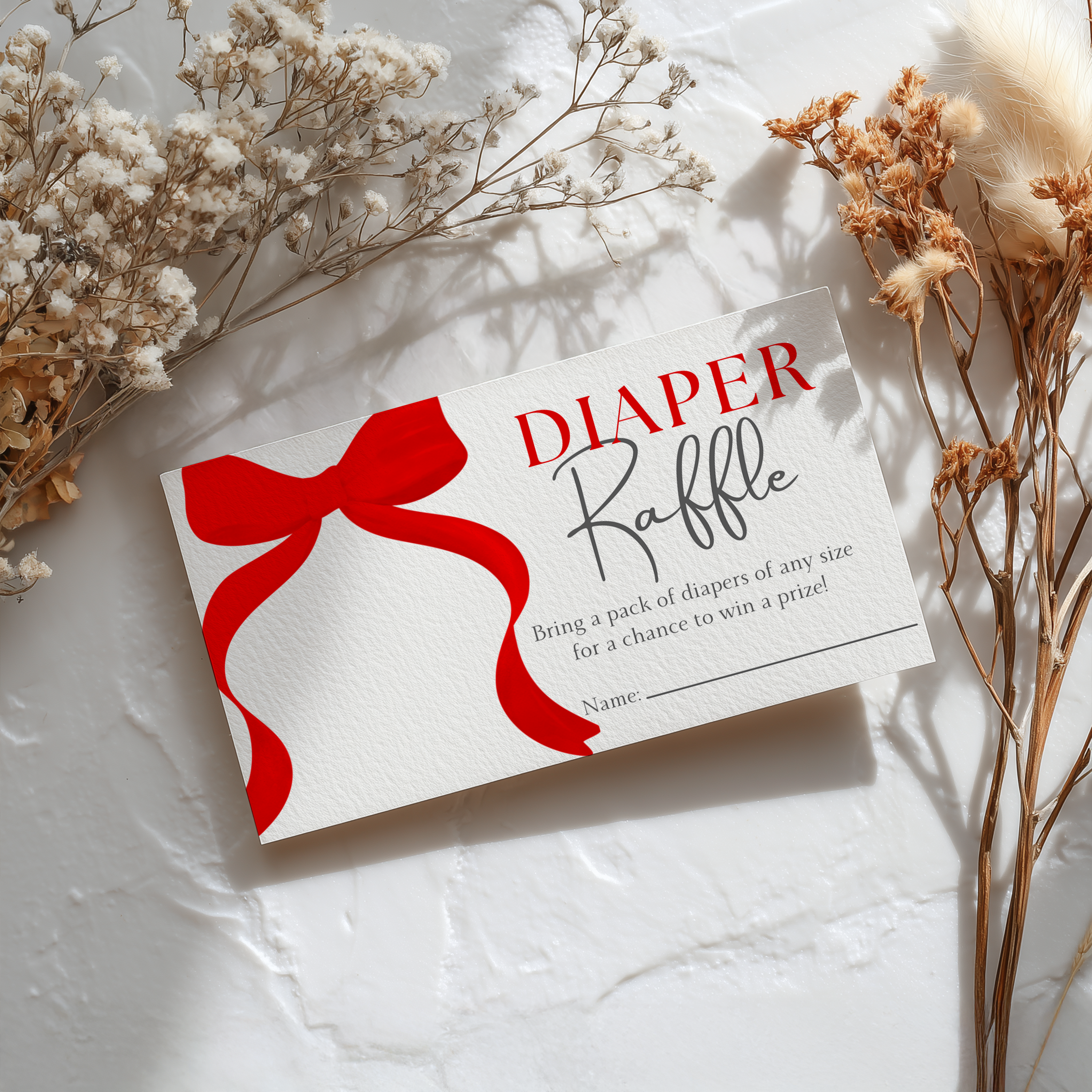 Red Bow Baby Shower Diaper Raffle Card, Gender Neutral, Printable Nappy Raffle Cards 9301